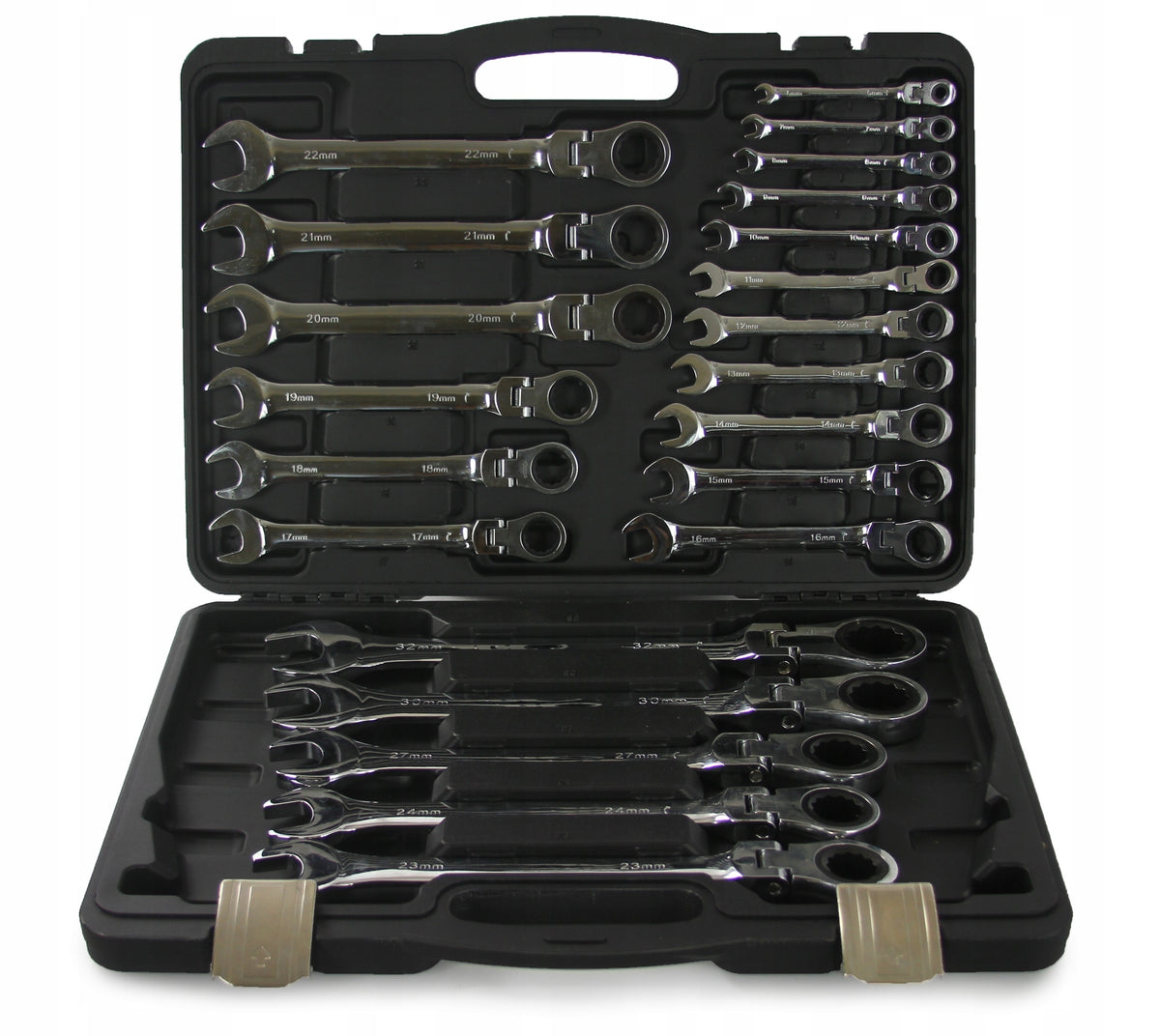 RATCHETING FLAT EYE WRENCHES BROKEN 6-32mm LARGE SET IN CASE 22el Packaging status original