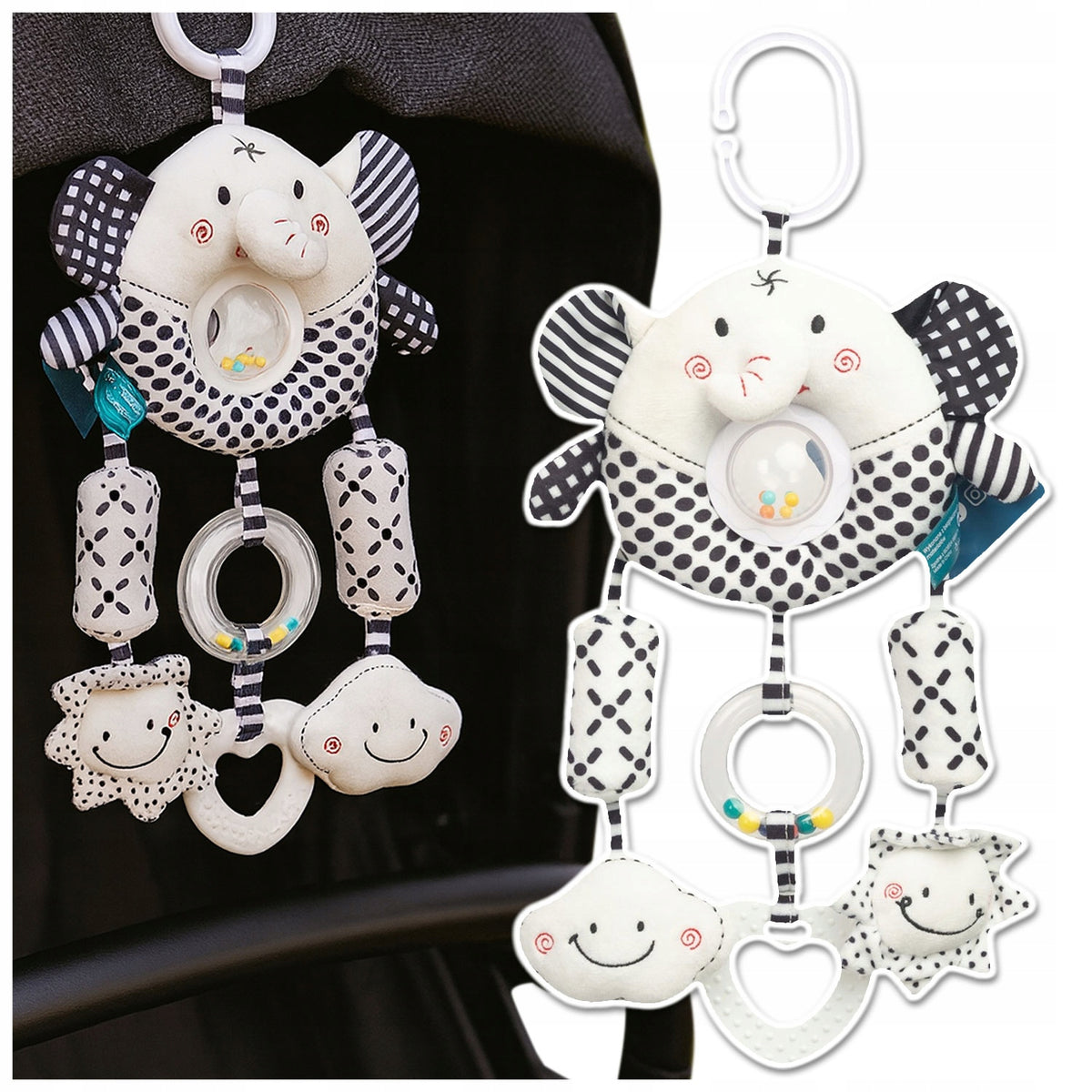 RATTLE PENDANT FOR STROLLER CRIB SENSORS BLACK AND WHITE - ELEPHANT Packaging status original