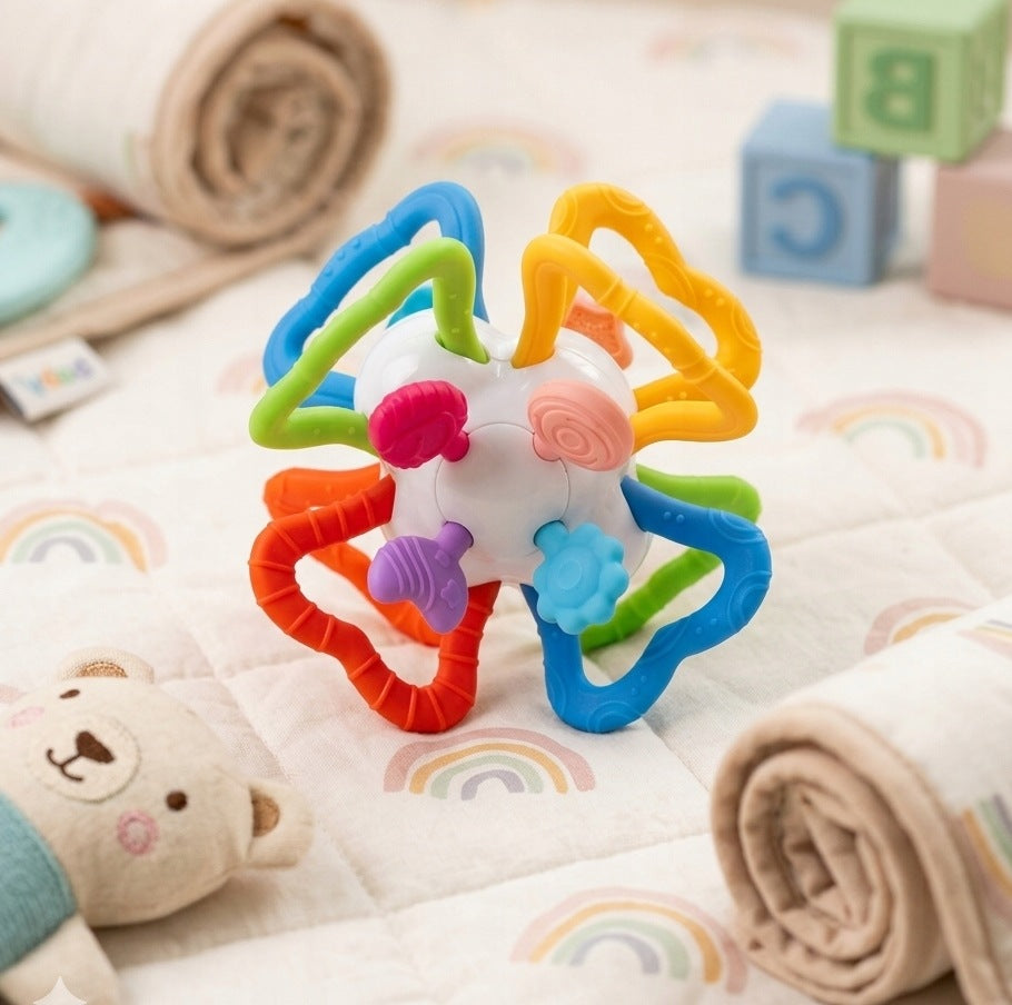 RATTLE SENSORY TEETHER COLORFUL ROTATING TABS 2IN1 MONTESSORI Packaging status original