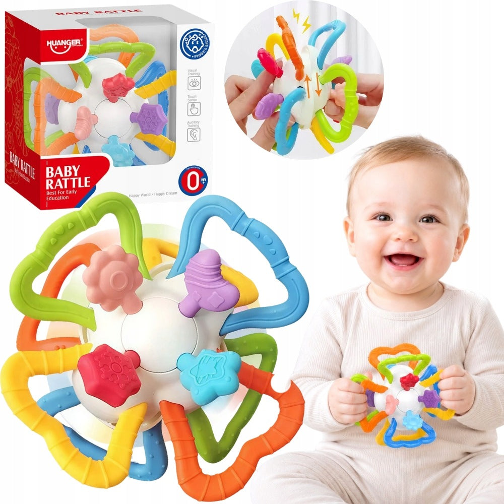 RATTLE SENSORY TEETHER COLORFUL ROTATING TABS 2IN1 MONTESSORI
