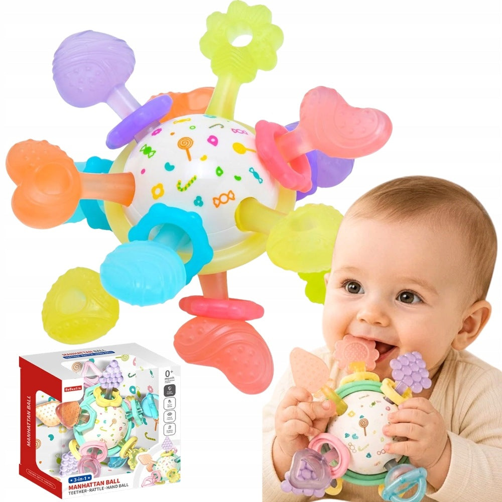 RATTLE SENSORY TEETHER COLORFUL ROTATING TABS MONTESSORI