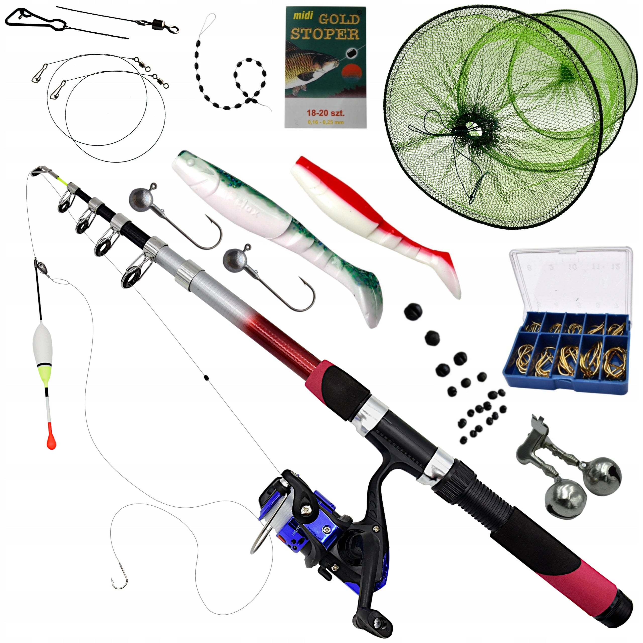 READY Armed Fishing Set Over Water Bait Mesh Hooks Stopwatches