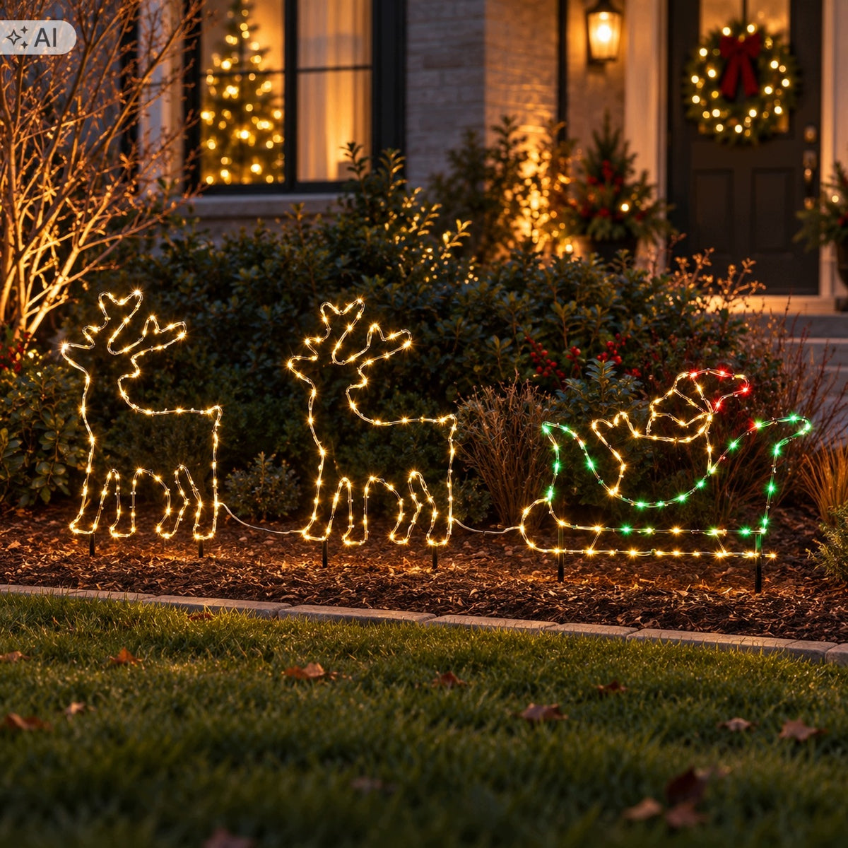 REINDEER GLOWING WITH SLEIGH SANTA CLAUS CHRISTMAS WATERPROOF LED DECORATION Packaging status original
