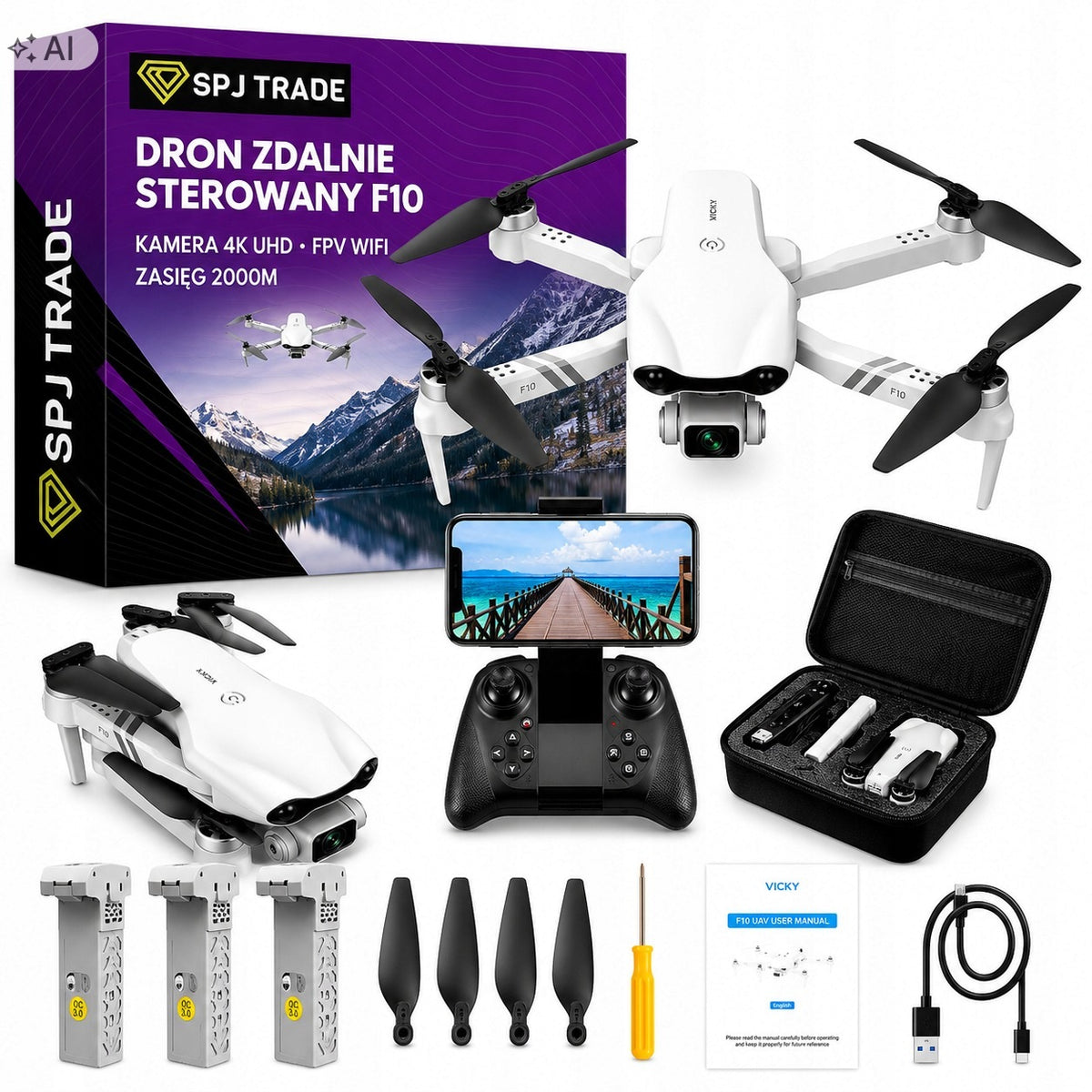 REMOTE CONTROLLED DRONE F10 2 FPV CAMERAS WiFi 4K UHD 2000m 3 aku TOY