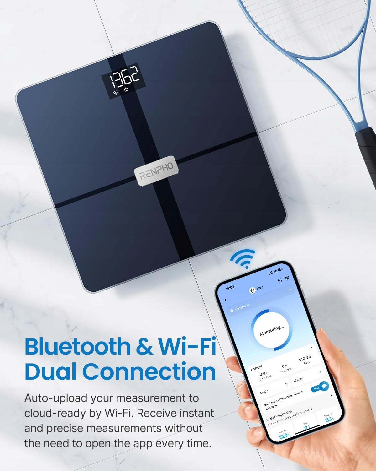 RENPHO Bluetooth Analytical Wi-Fi Bathroom Scale with Kids Mode Additional features non-slip base non-slip surface automatic calibration auto power-on automatic shutdown Bluetooth smartphone connection measuring muscle mass fat level measurement user recognition Wi-Fi measurement memory