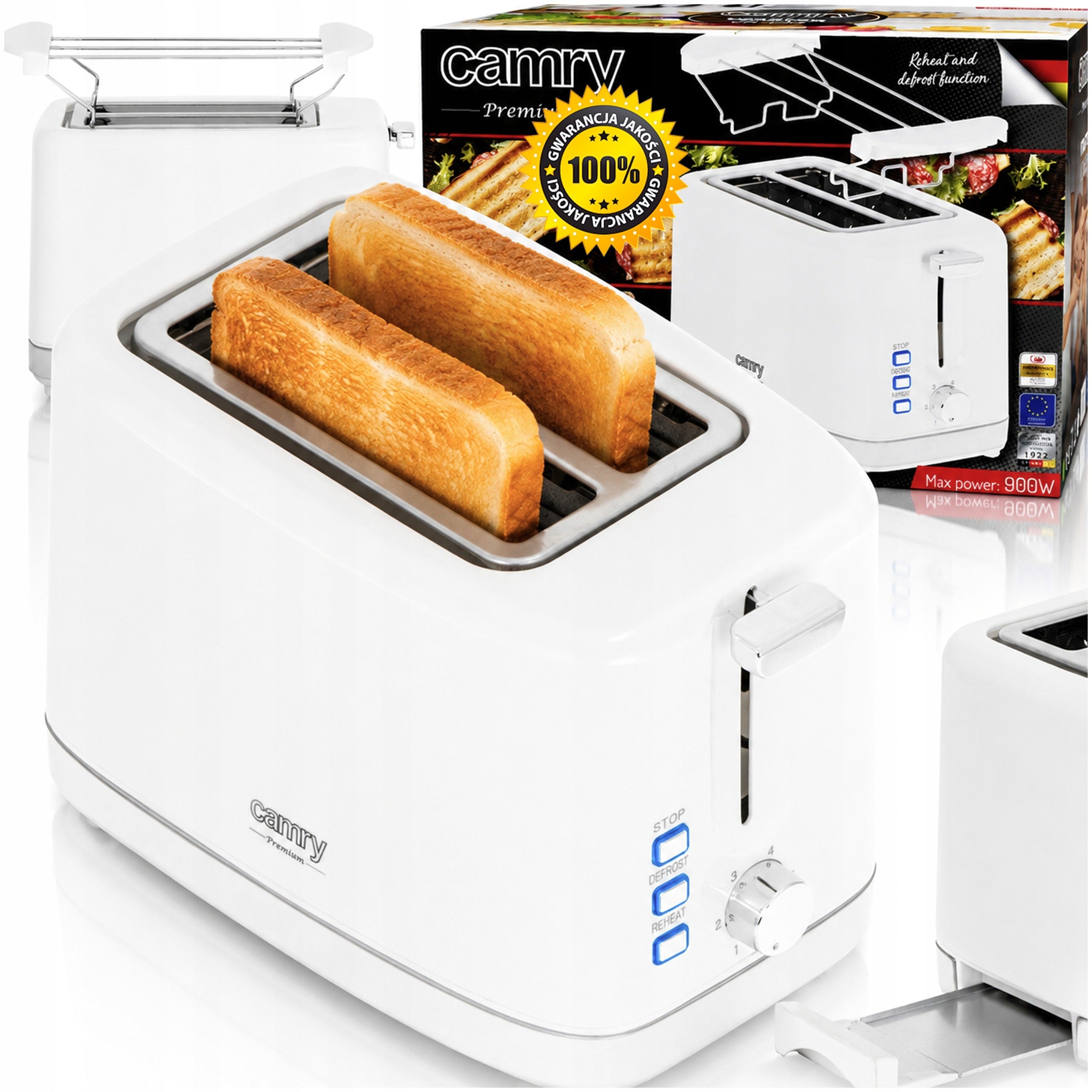 RETRO TOASTER FOR BREAD FOR 2 TOASTED TOASTING ADJUSTMENT CAMRY 900W WHITE