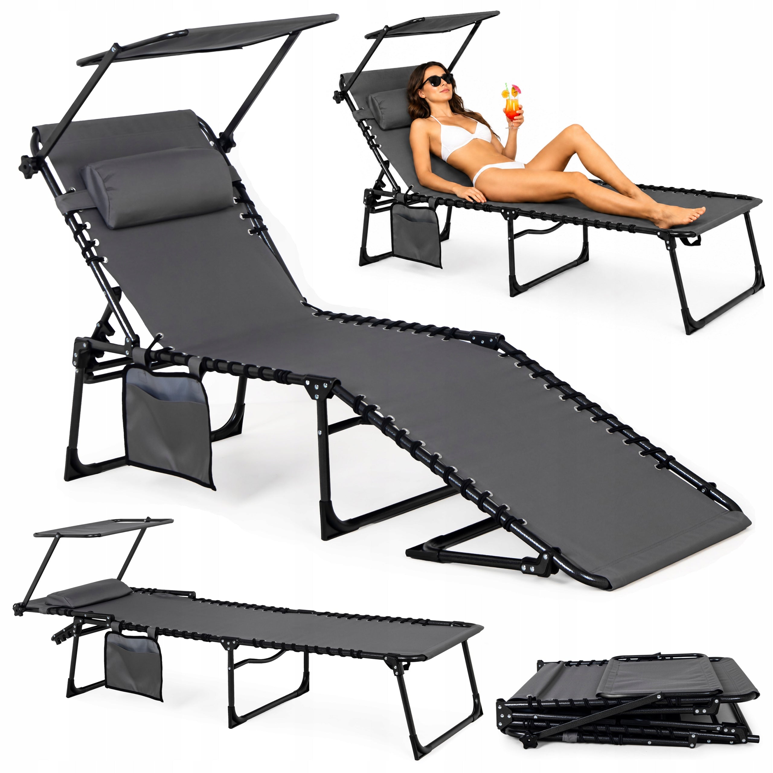 REVA Beach Garden Lounger FOLDING COUCH ADJUSTABLE Bed WITH VISOR