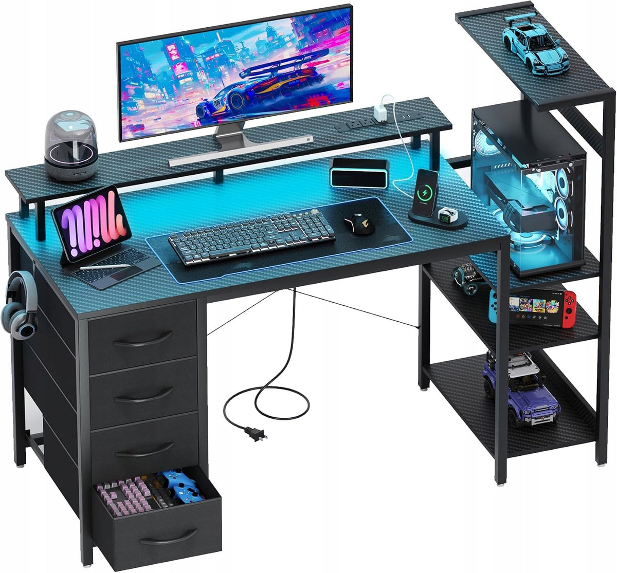RGB LED GAMING DESK WITH USB CORNER MODULAR ADJUSTABLE PRACTICAL 130cm
