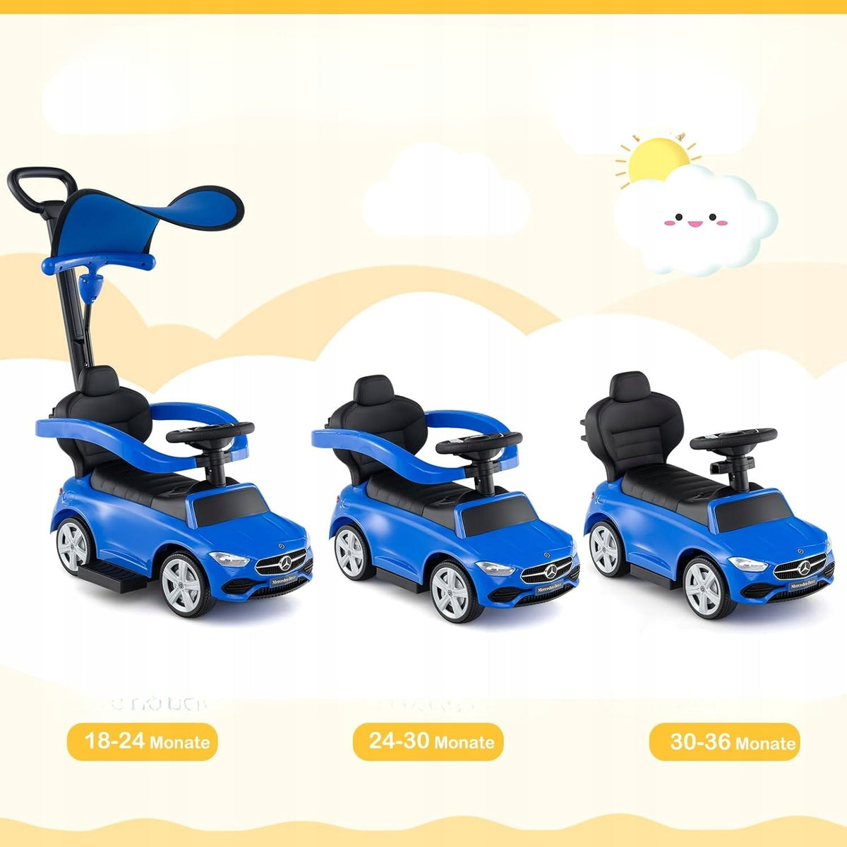 RIDE-ON PUSHER FOR CHILDREN 3in1 MERCEDES-BENZ WITH VISOR SOUNDS CAR WHEELS Manufacturer code TQ10365DK