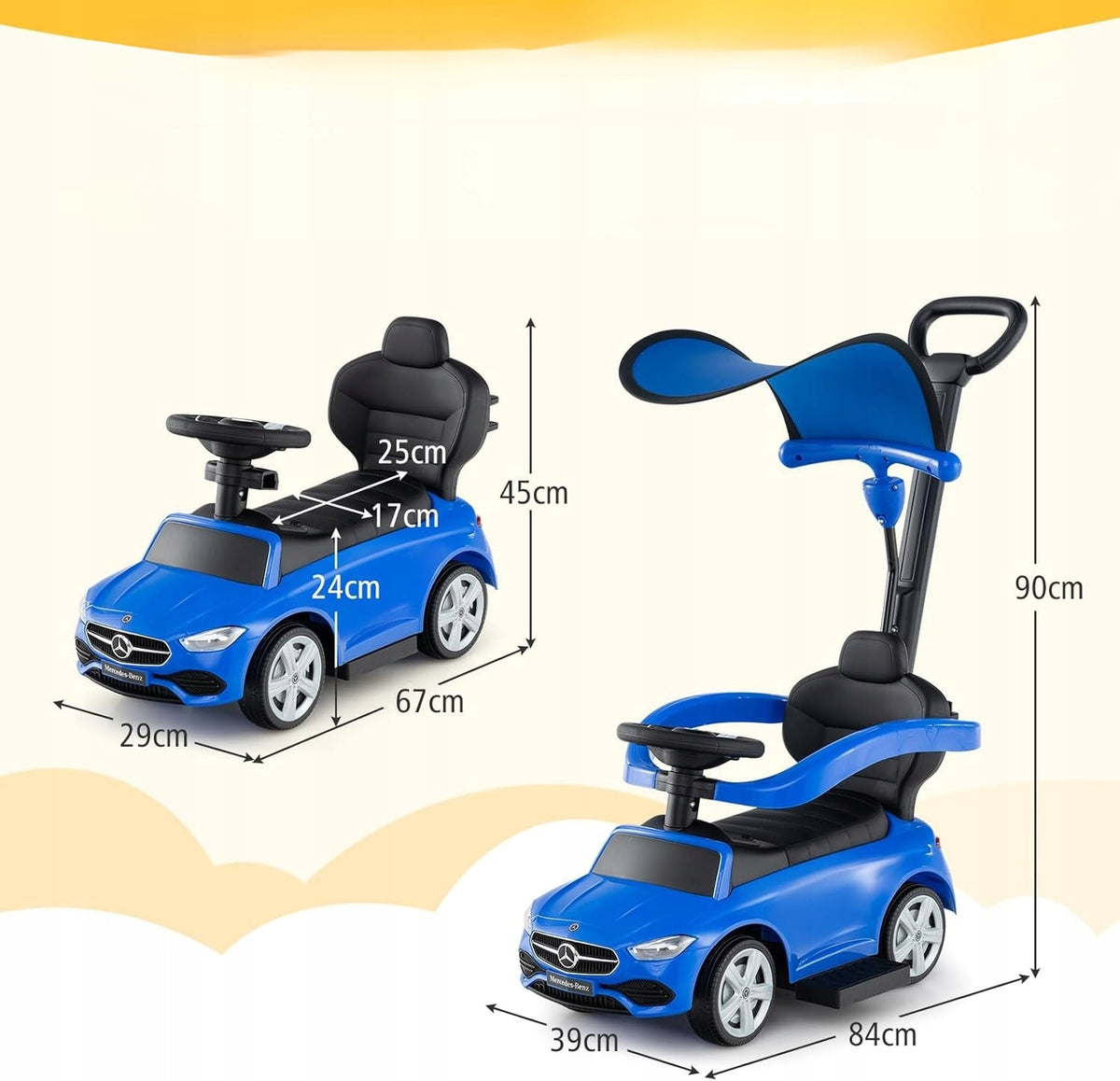 RIDE-ON PUSHER FOR CHILDREN 3in1 MERCEDES-BENZ WITH VISOR SOUNDS CAR WHEELS Packaging status original