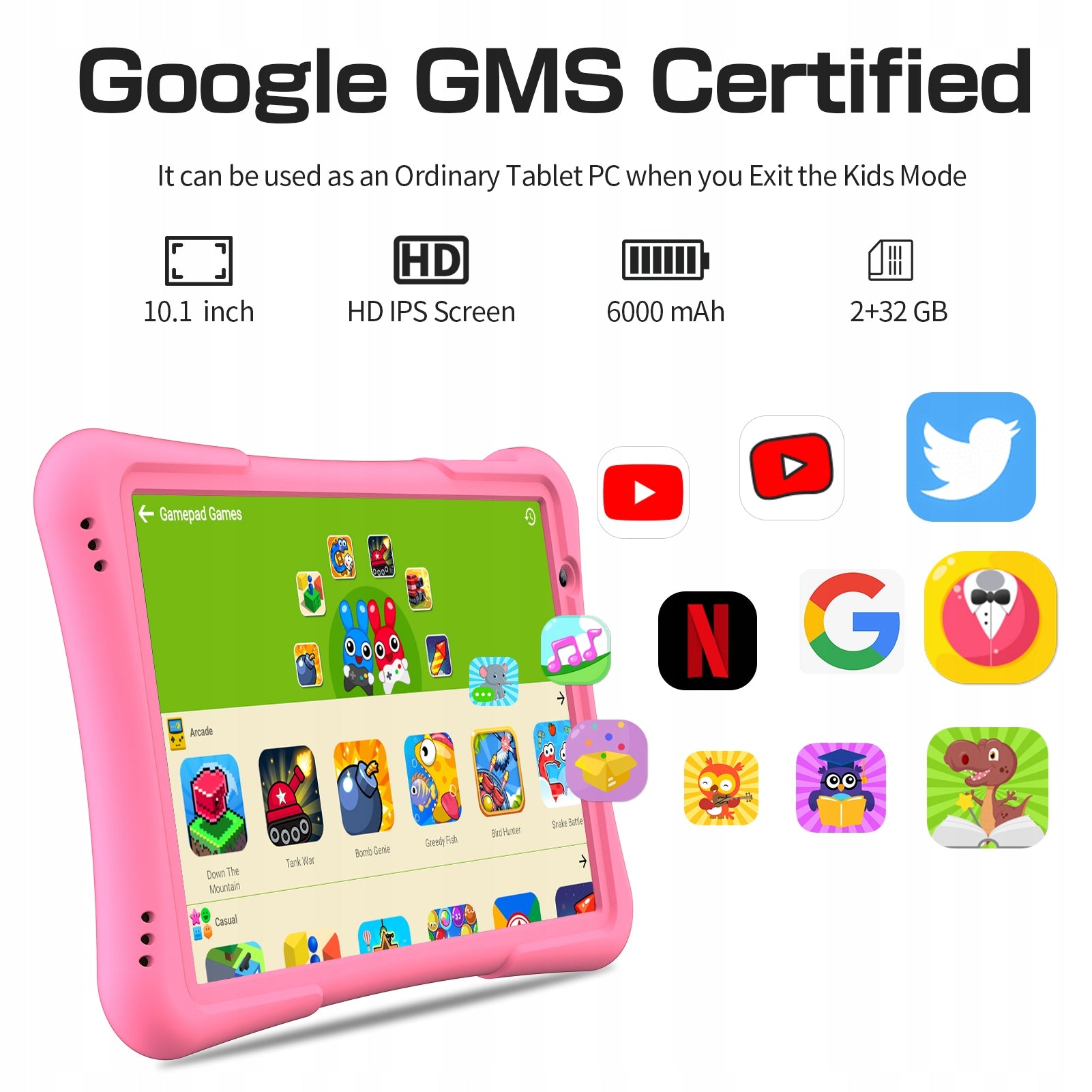 RITOM 10 cali tablet dla dzieci z Androidem, 32 GB 6000 mAh WiFi 6, Różowy Packaging status original