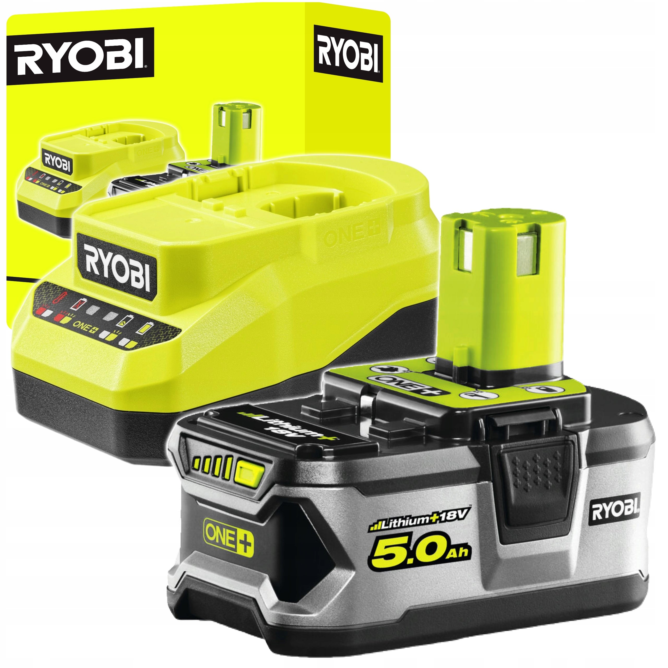 RYOBI BATTERY PACK 5,0 Ah RB18L50 18V +CHARGER 2A RC18120A-150