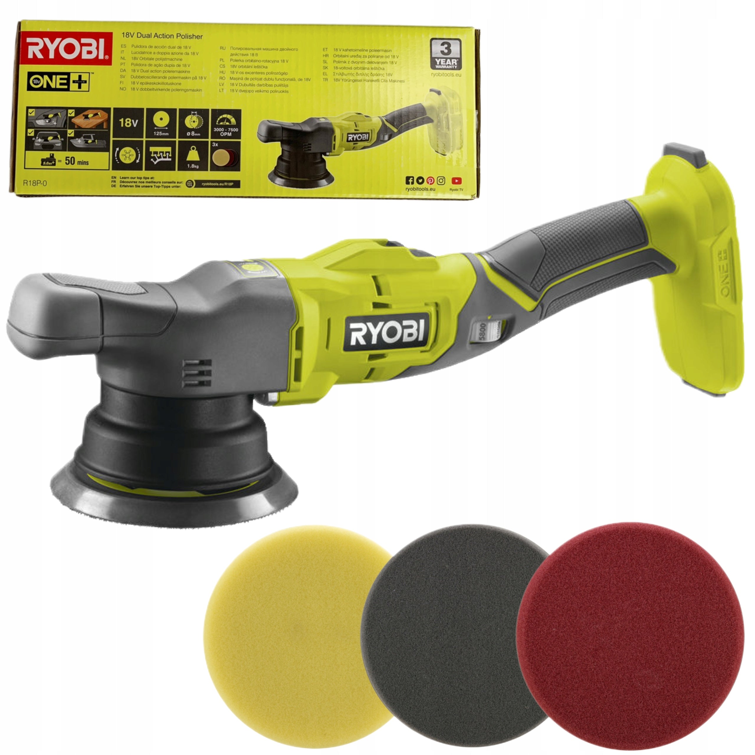 RYOBI CORDLESS POLISHER 18V ADJUSTMENT R18P-0 125MM OSCILLATION + 3 PADS