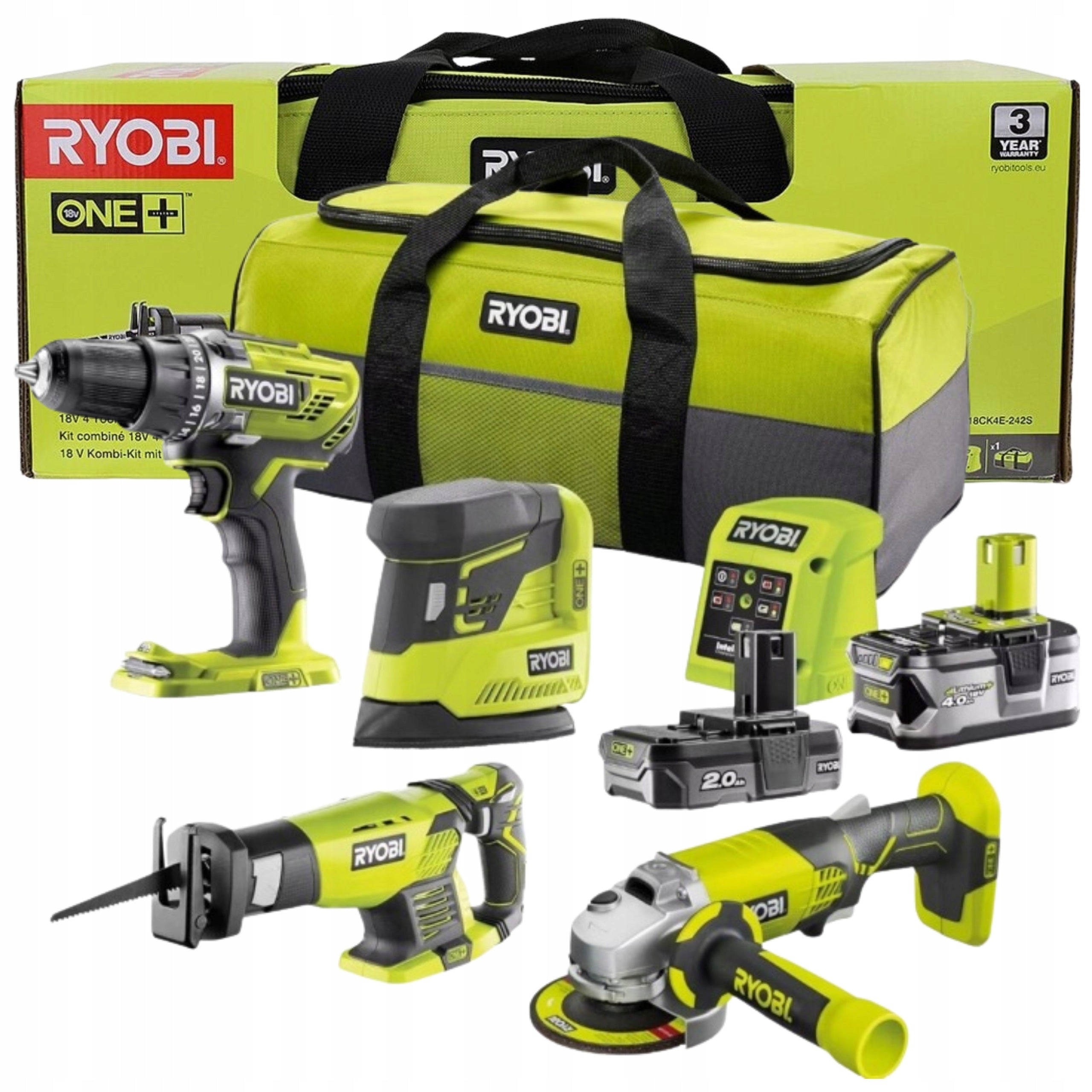 RYOBI R18CK4E-242S SET OF 4 TOOLS 18V 2xAKU R18DD3 R18AG RRS1801 R18PS