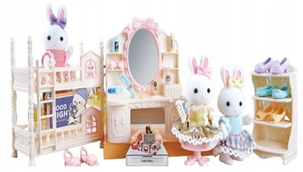 Rabbit Figurine Various Outfits Set Cozy Bedroom With Accessories