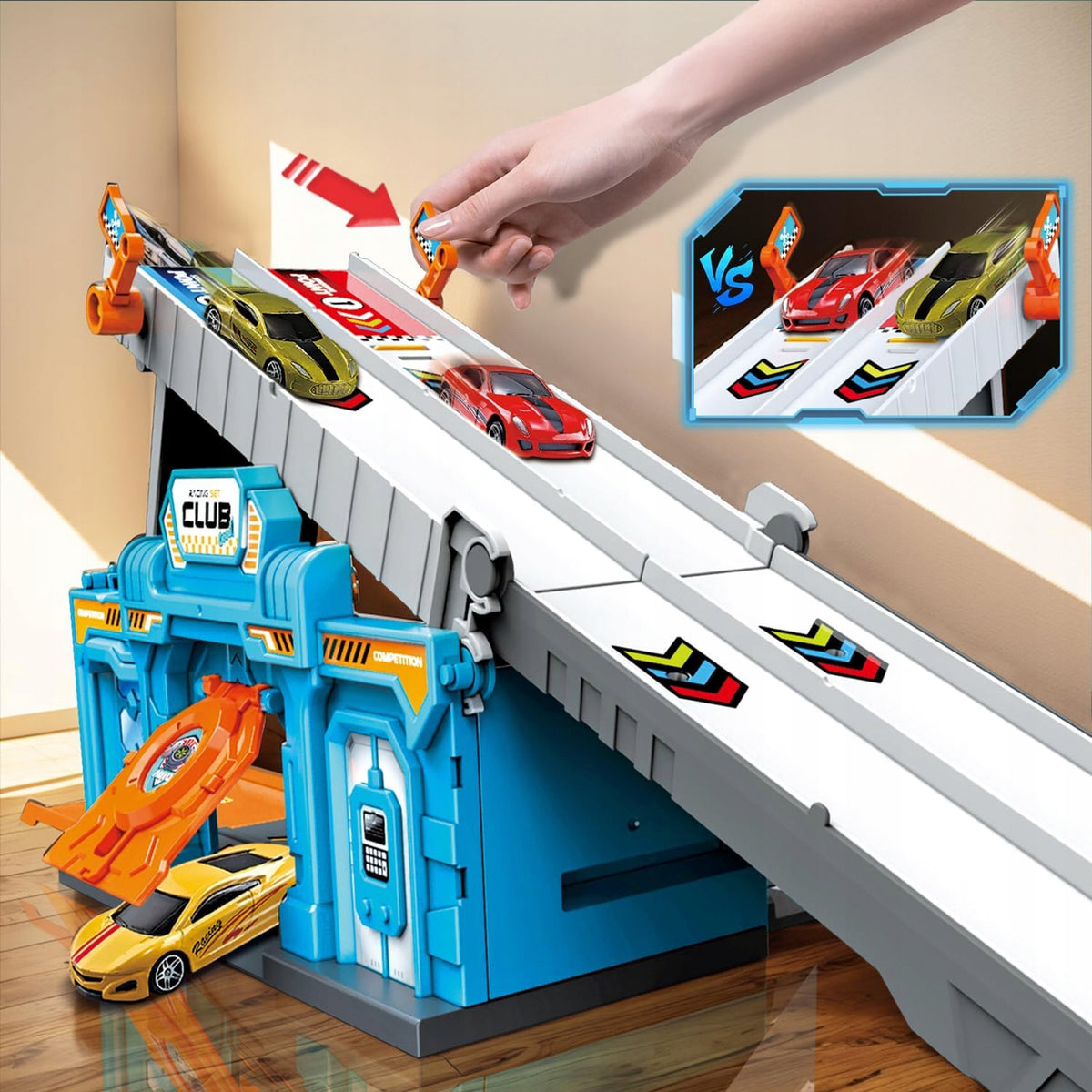 Racing Track 2in1 Garage Parking + 2 Cars Metal Launcher Packaging status original
