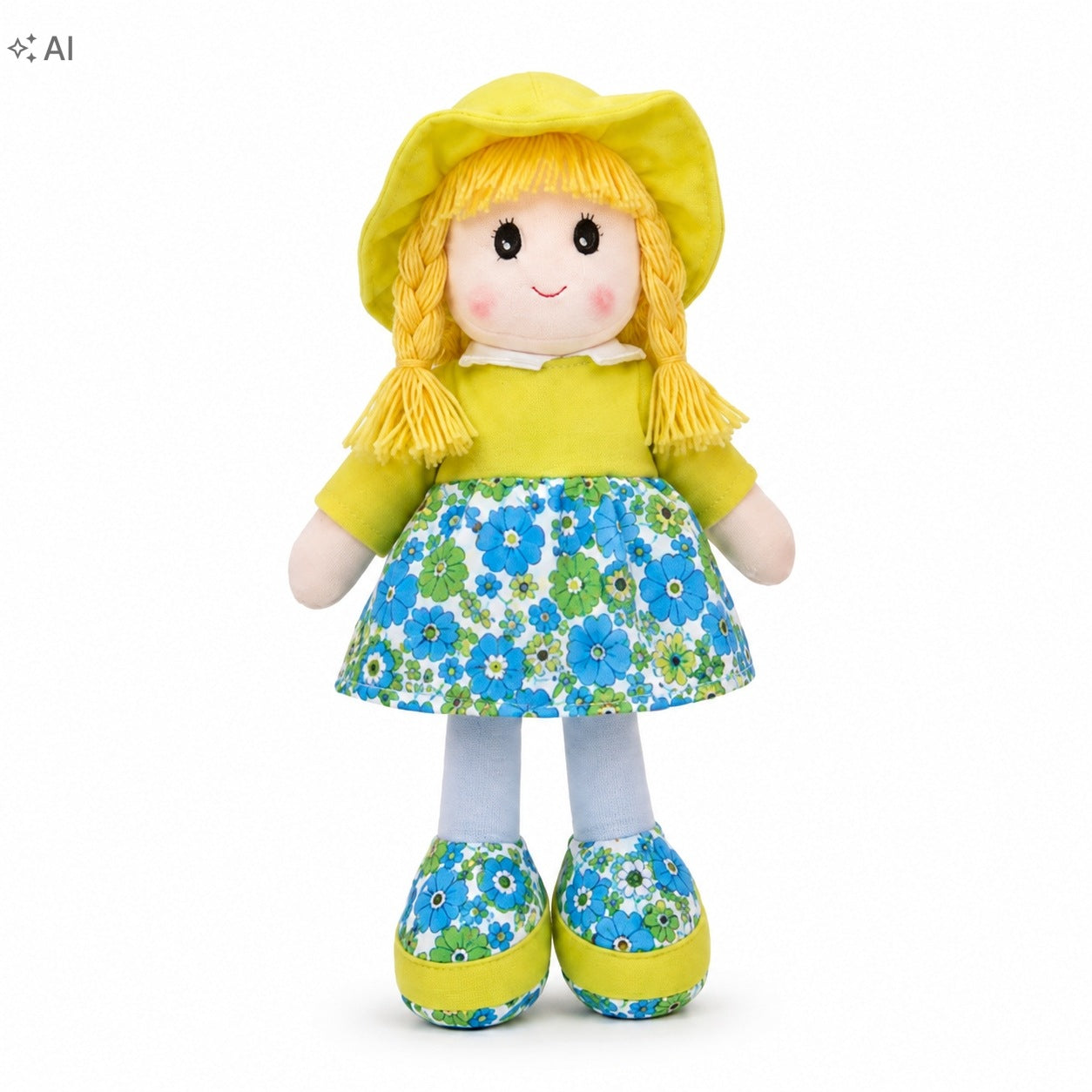 Rag doll cuddly 25 cm with hat dress with flowers soft Packaging status original