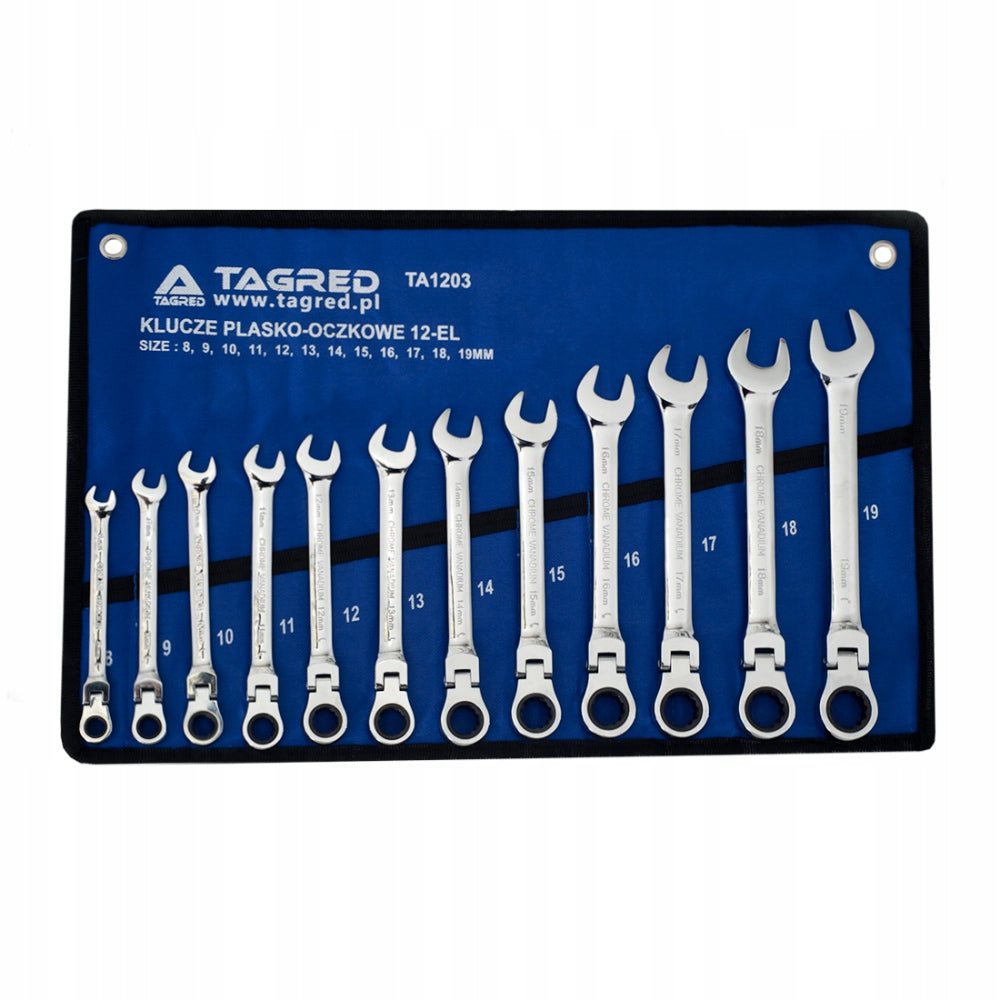 Ratcheting flat-eye wrenches 12 el. 8-19 mm on CrV sheet Packaging status original