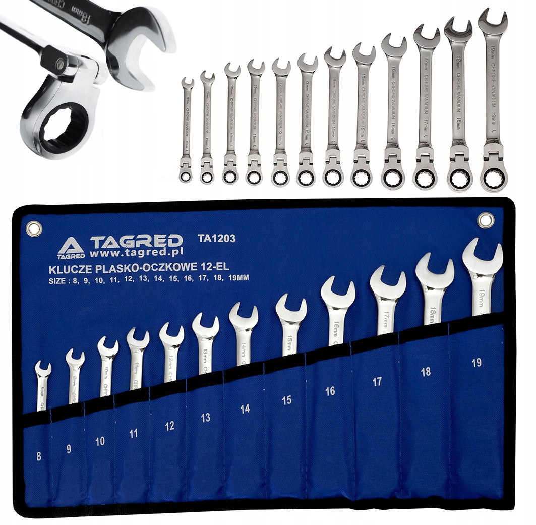 Ratcheting flat-eye wrenches 12 el. 8-19 mm on CrV sheet