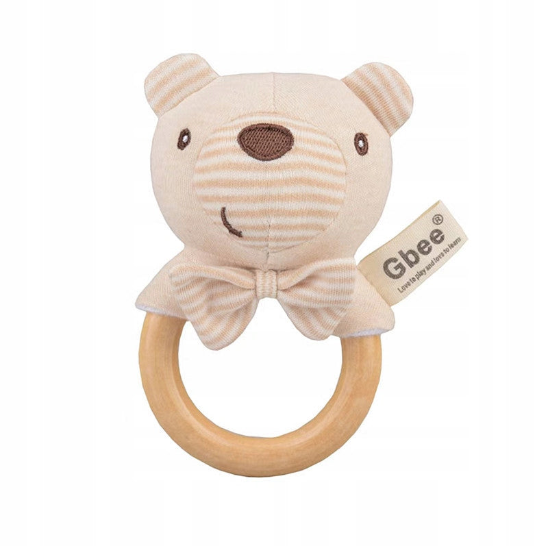 Rattle WOODEN beige for babies ORGANIC COTTON round BEAR