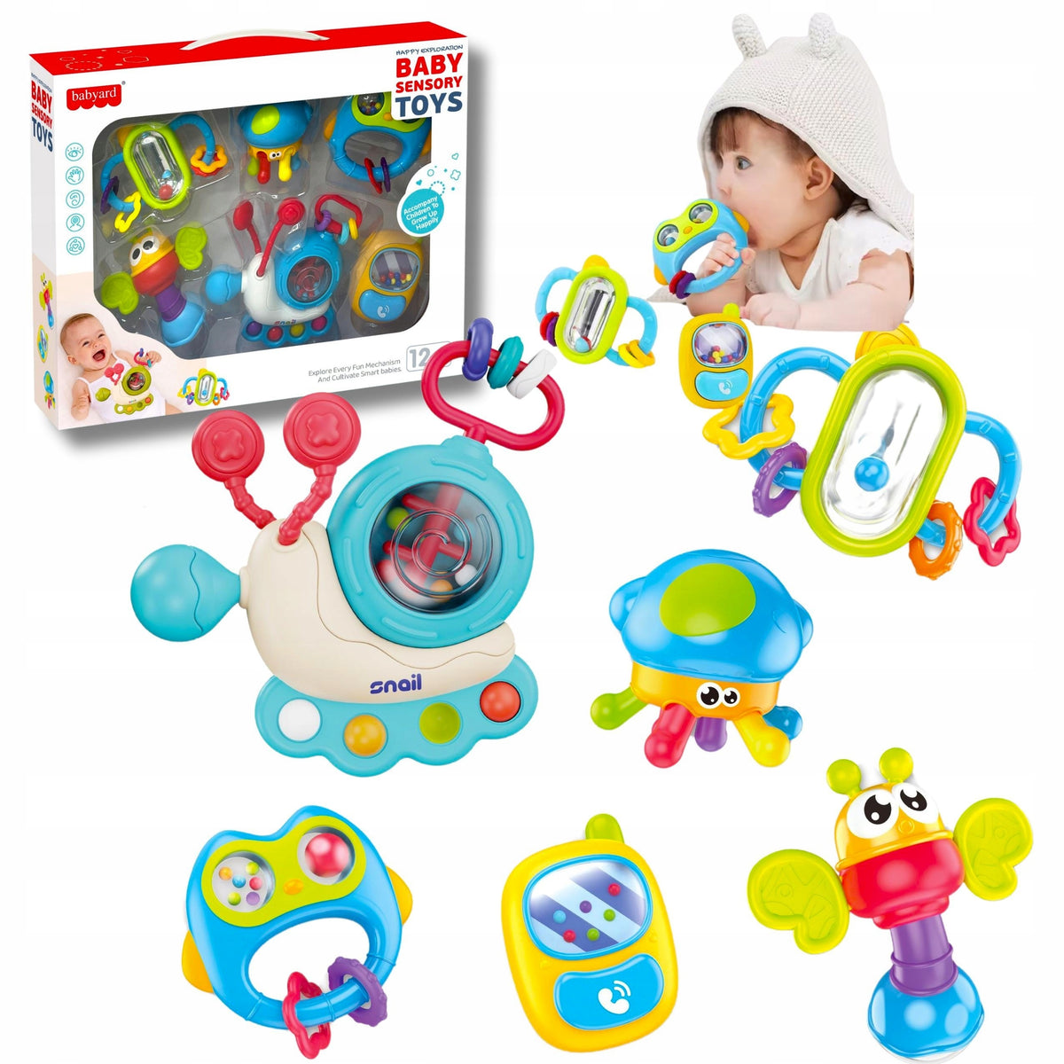 Rattles Teethers Set of 6 Sensory Baby Toy Box