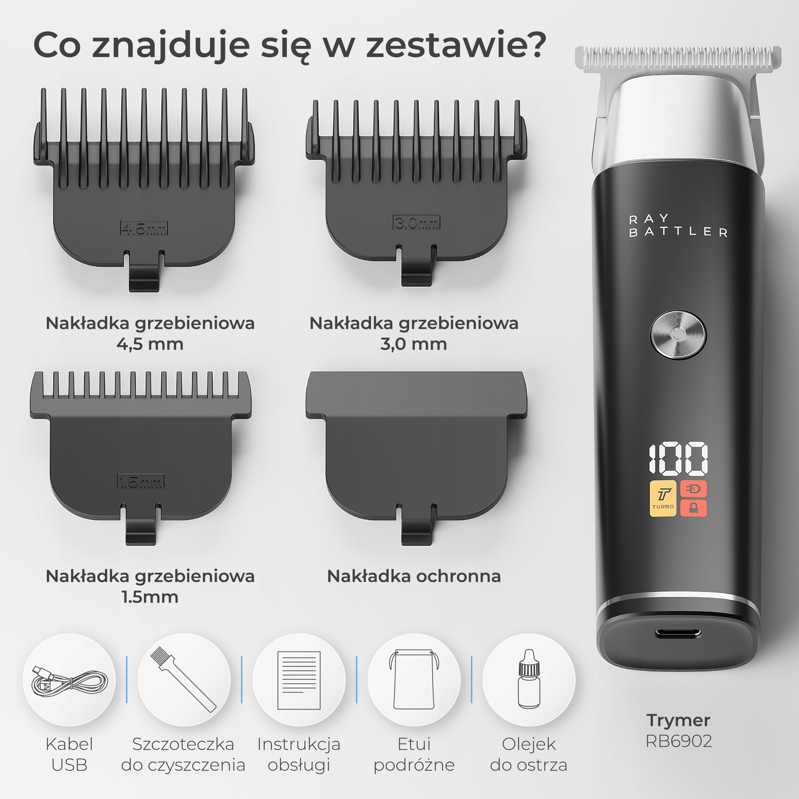 Ray Battler RB6902 Hair Trimmer USB-C LED Turbo 3 Combs Black Packaging status original