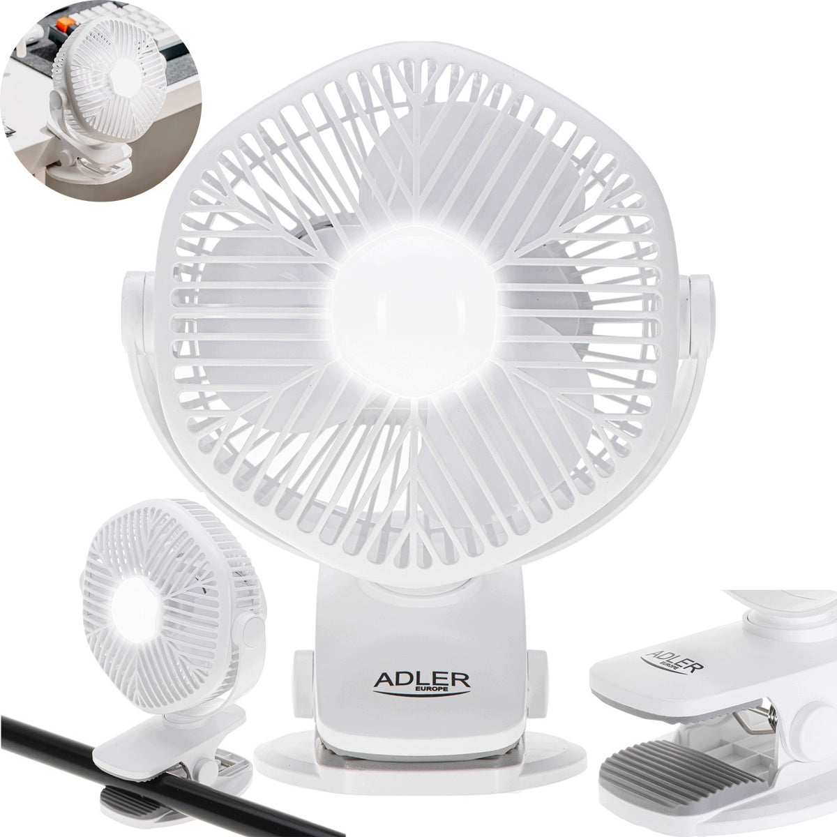 Rechargeable Fan ADLER AD 7335 USB LED With Clip Diameter 12,7cm Manufacturer code AD7335