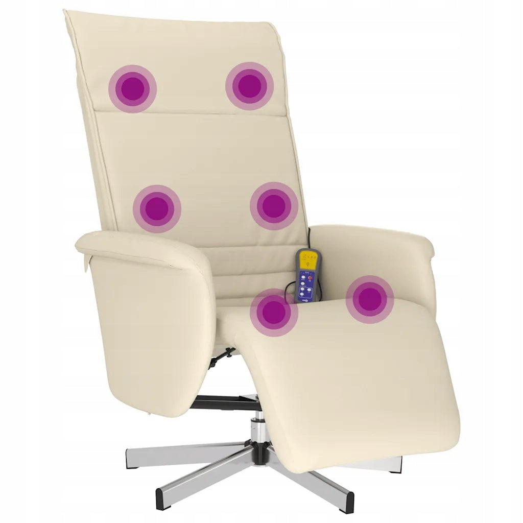 Reclining massage chair with footrest, cream, artificial leather
