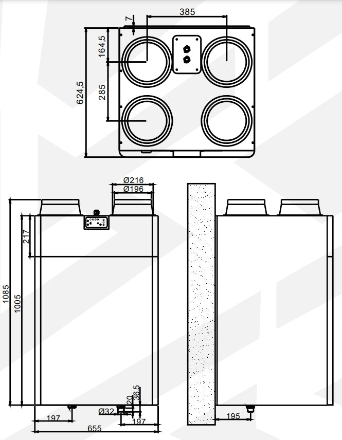 Recuperator 500 m3/h - Reventon VERTIC 500 Range of energy efficiency classes A+ - G