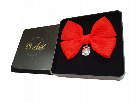 Red bow with SILVER medallion 925 for cot stroller charm Packaging status original