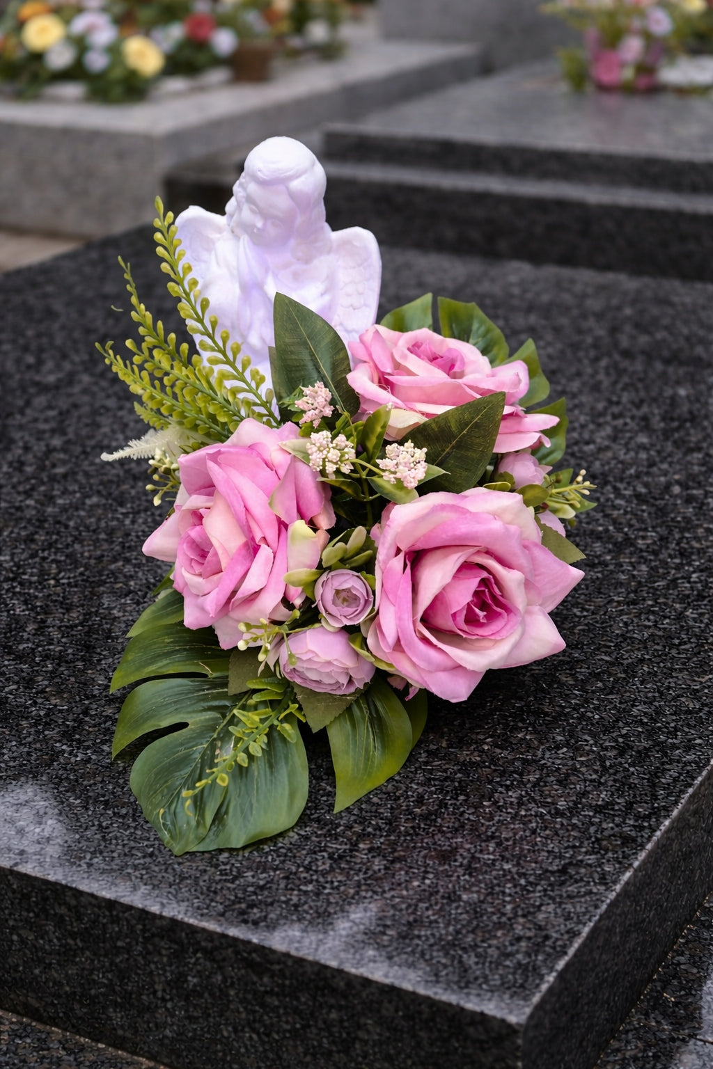 Reed for grave with angel LED composition tombstone roses decoration cemetery