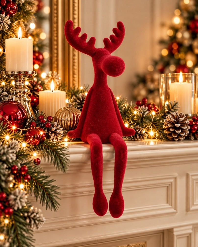 Reindeer burgundy flocked 25 cm deer figurine sitting Christmas ornament