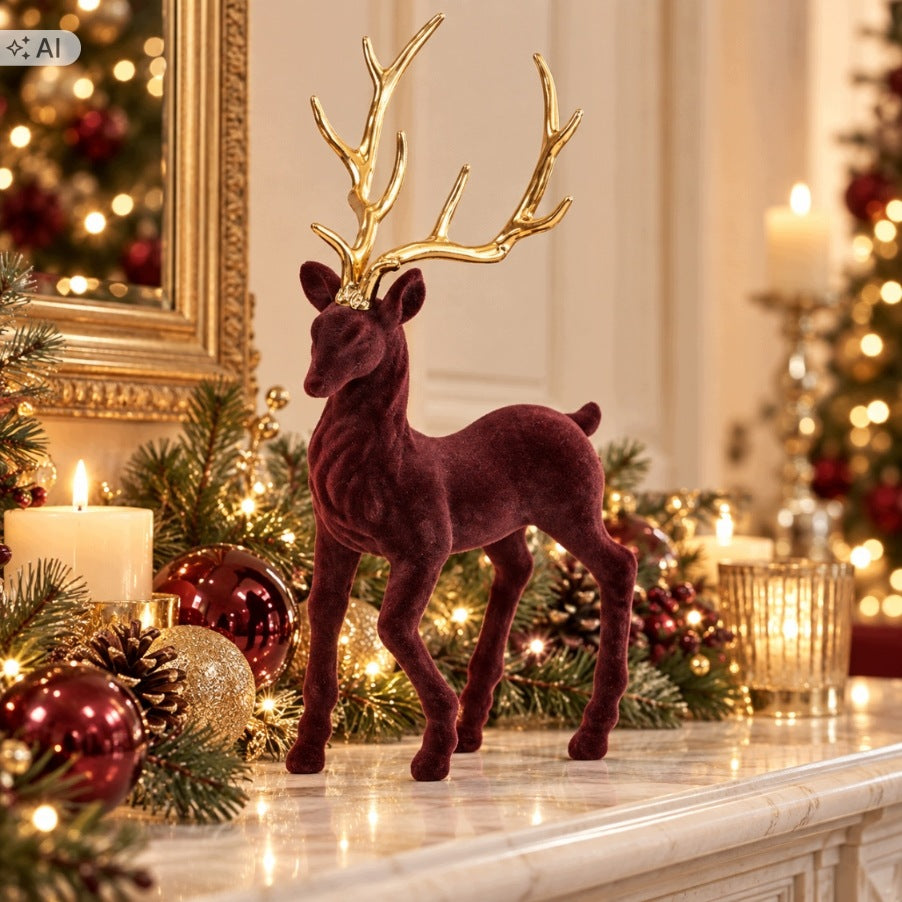 Reindeer flocked Bronze with golden horns 33cm figurine Christmas decoration Brand TG