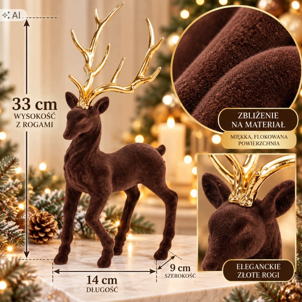 Reindeer flocked Bronze with golden horns 33cm figurine Christmas decoration Packaging status original