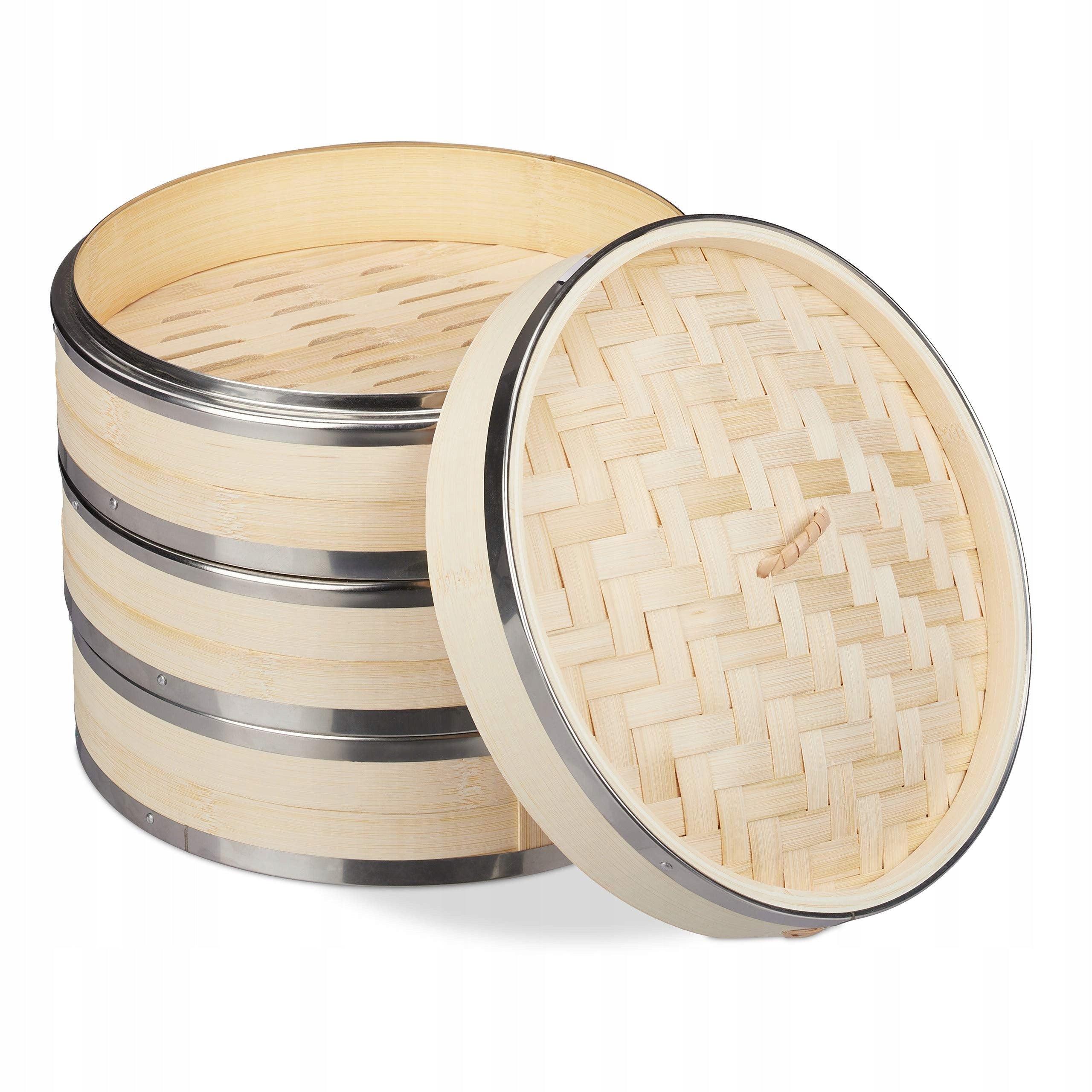 Relaxdays bamboo steamer 3 levels Ø24cm metal rings