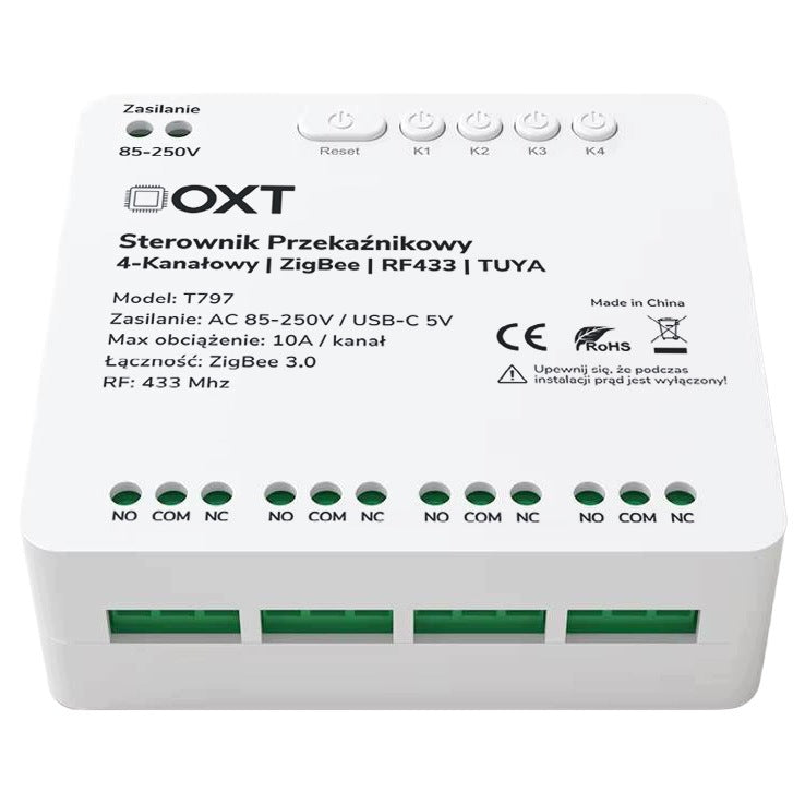 Relay controller OXT 4-Channels 10A 5V USB 230V ZigBee RF 433 TUYA Manufacturer code T797