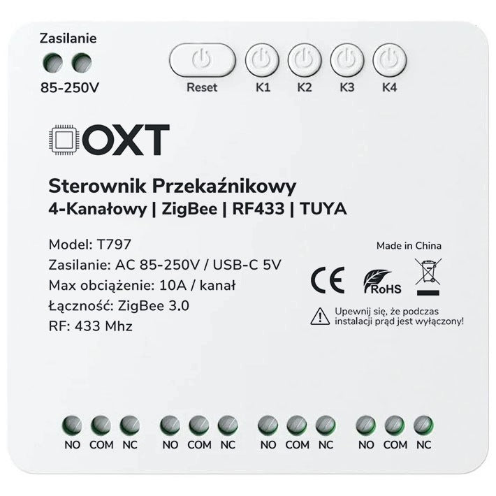 Relay controller OXT 4-Channels 10A 5V USB 230V ZigBee RF 433 TUYA