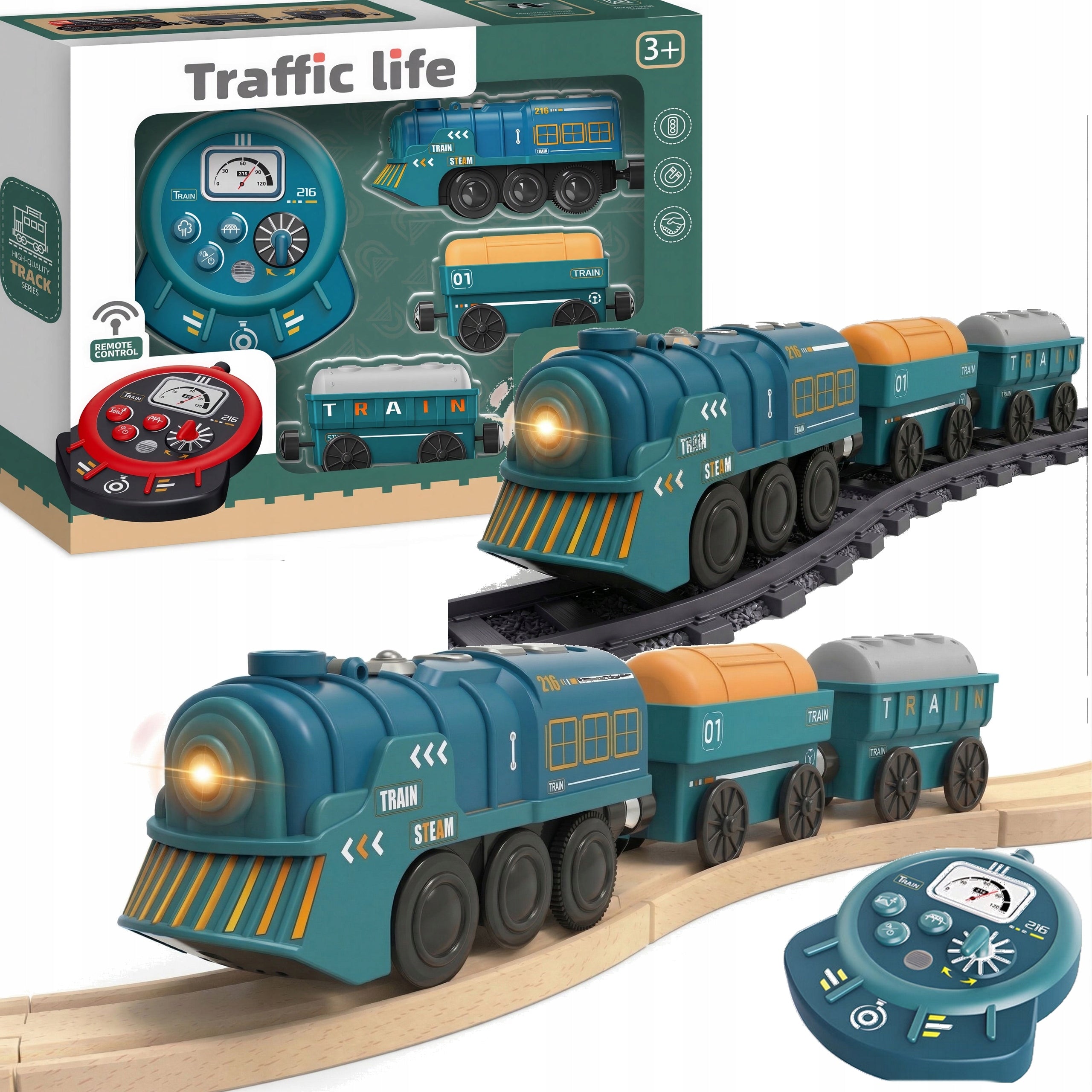 Remote Controlled Train Locomotive + 2 Wagons to Wooden Queue
