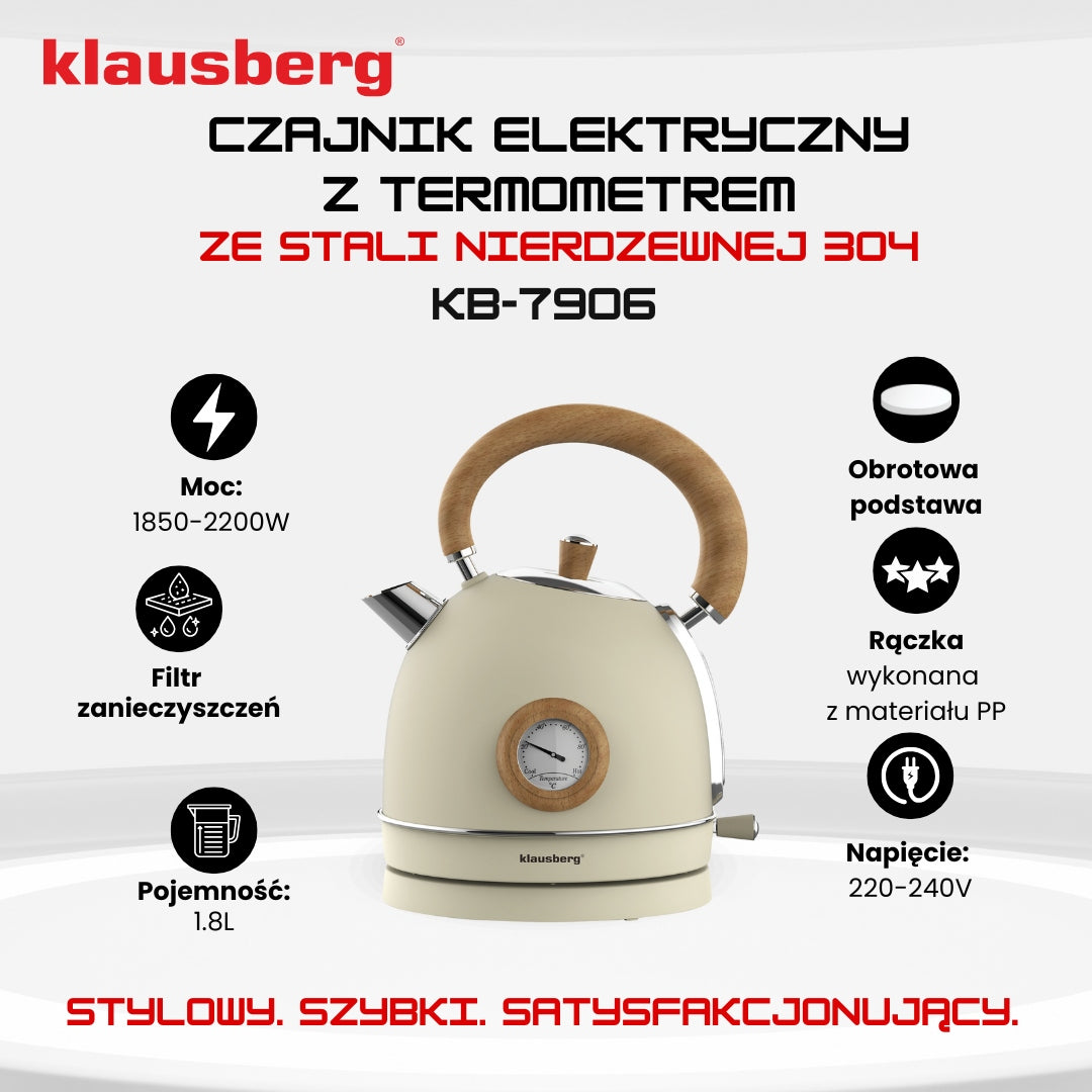 Retro electric kettle beige Klausberg KB-7906 1,8L 2200W with thermometer Manufacturer code KB-7906