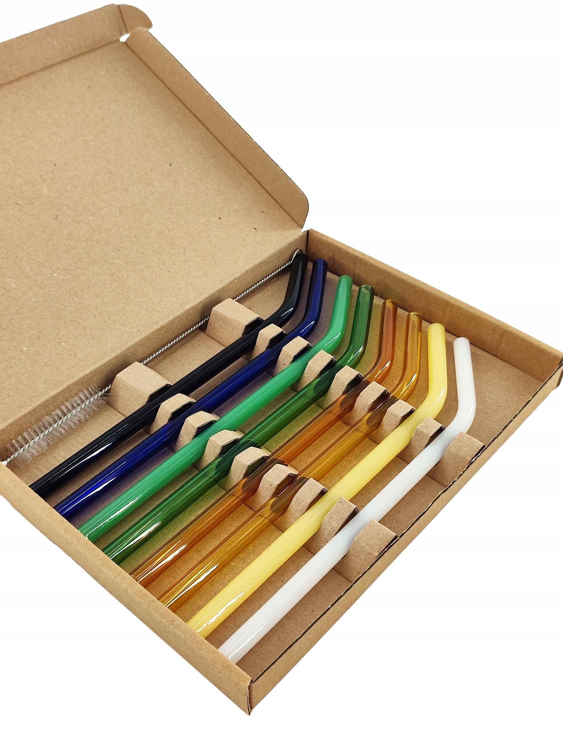 Reusable ECO glass straws, drinking tubes, 8 pcs, COLORFUL CURVED