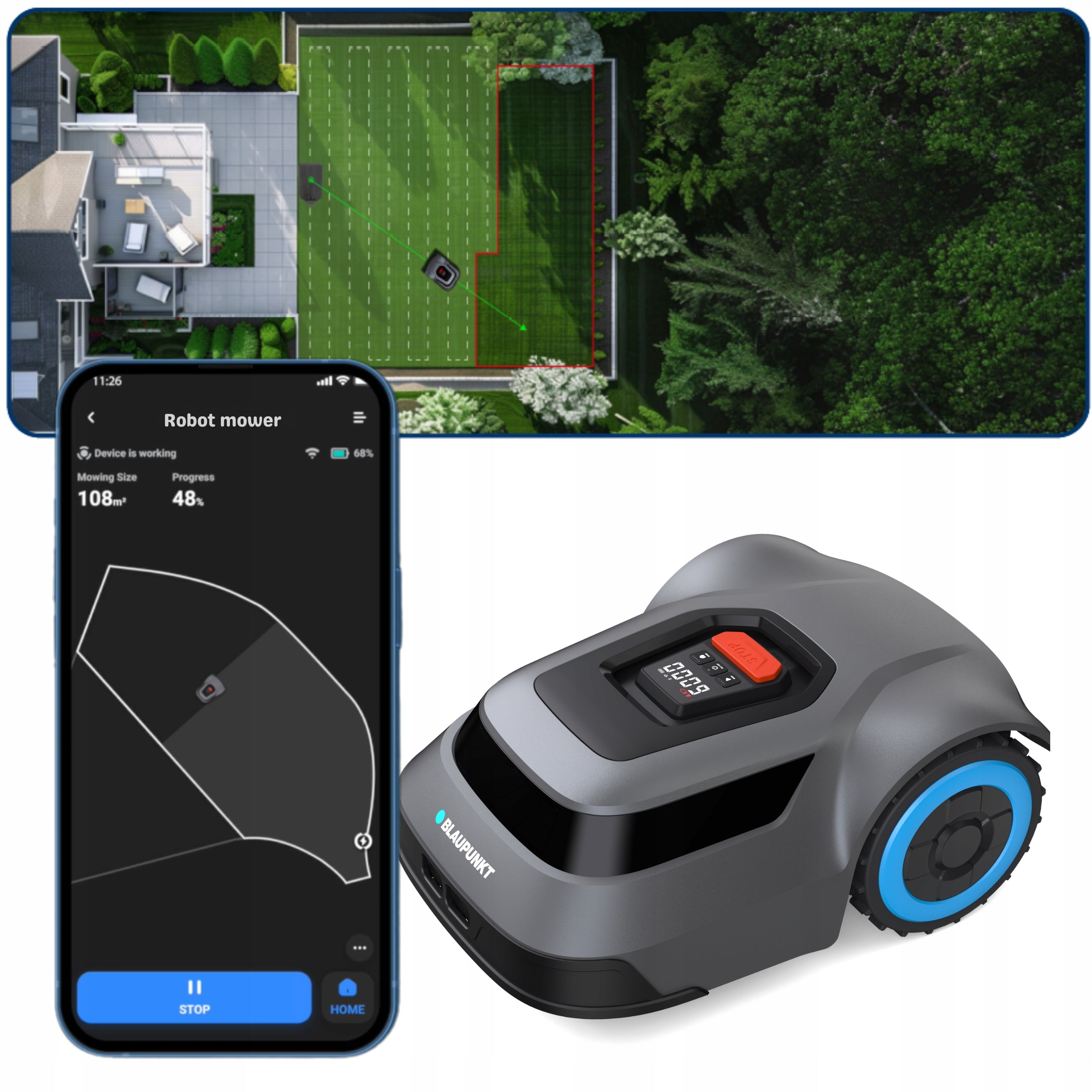 Robot Mowing Lawn Mower up to 1000 m² BT Wi-Fi App Blaupunkt Packaging status original