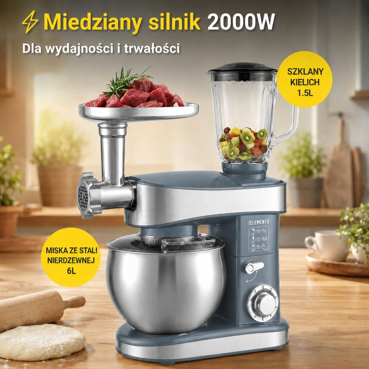 Robot kuchenny 3-w-1 KB ELEMENTS, maszynka do mielenia mięsa,2000 W, szary Packaging status original