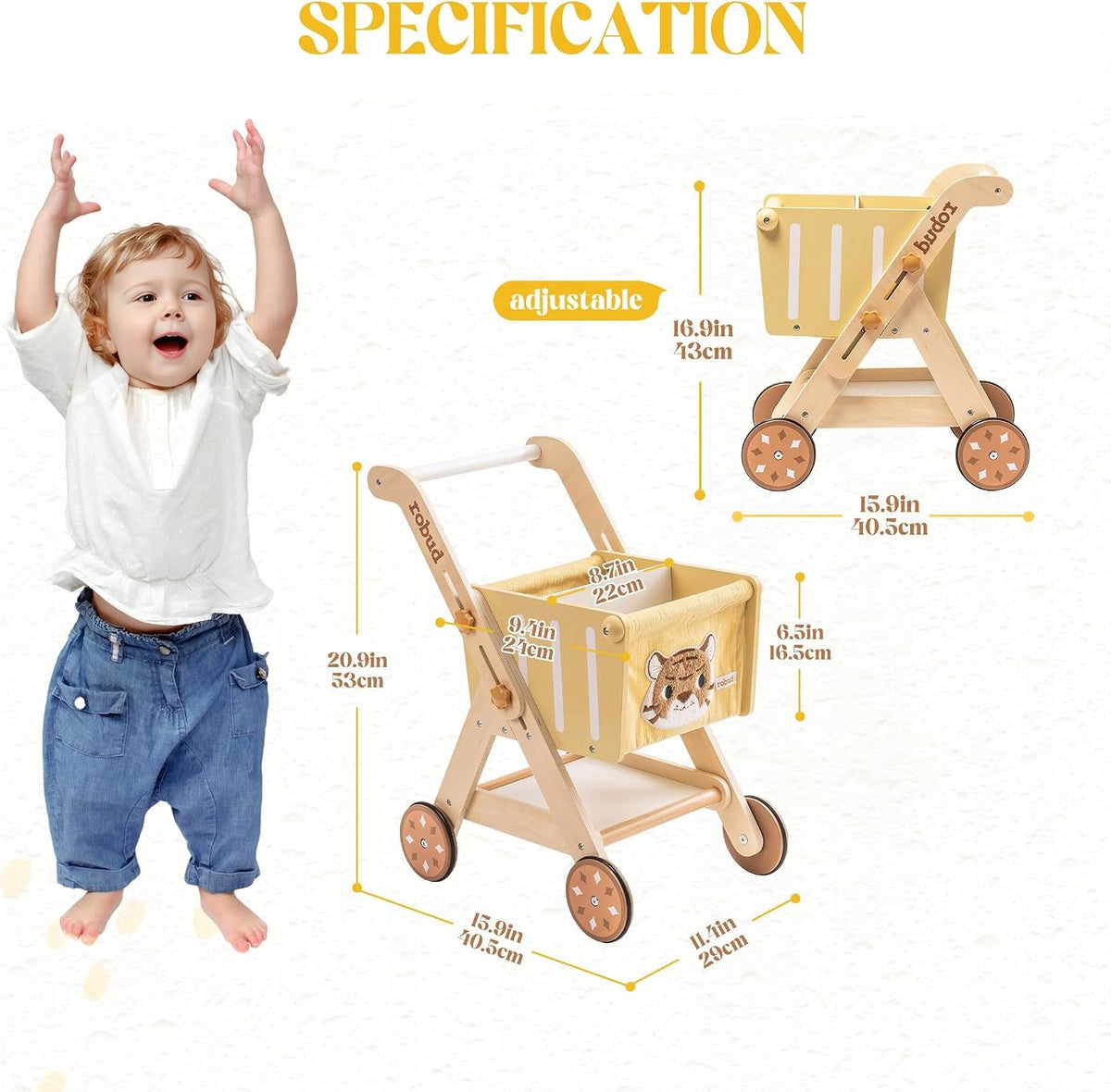 Robud trolley pusher wooden tiger adjustable height storage Brand Robud