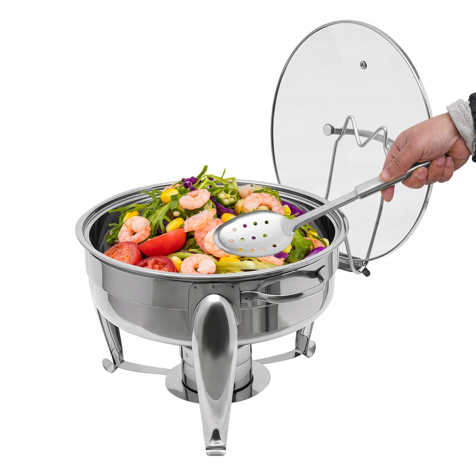 Round Chafing Dish 6L Stainless Steel Glass Lid Buffet Warmer