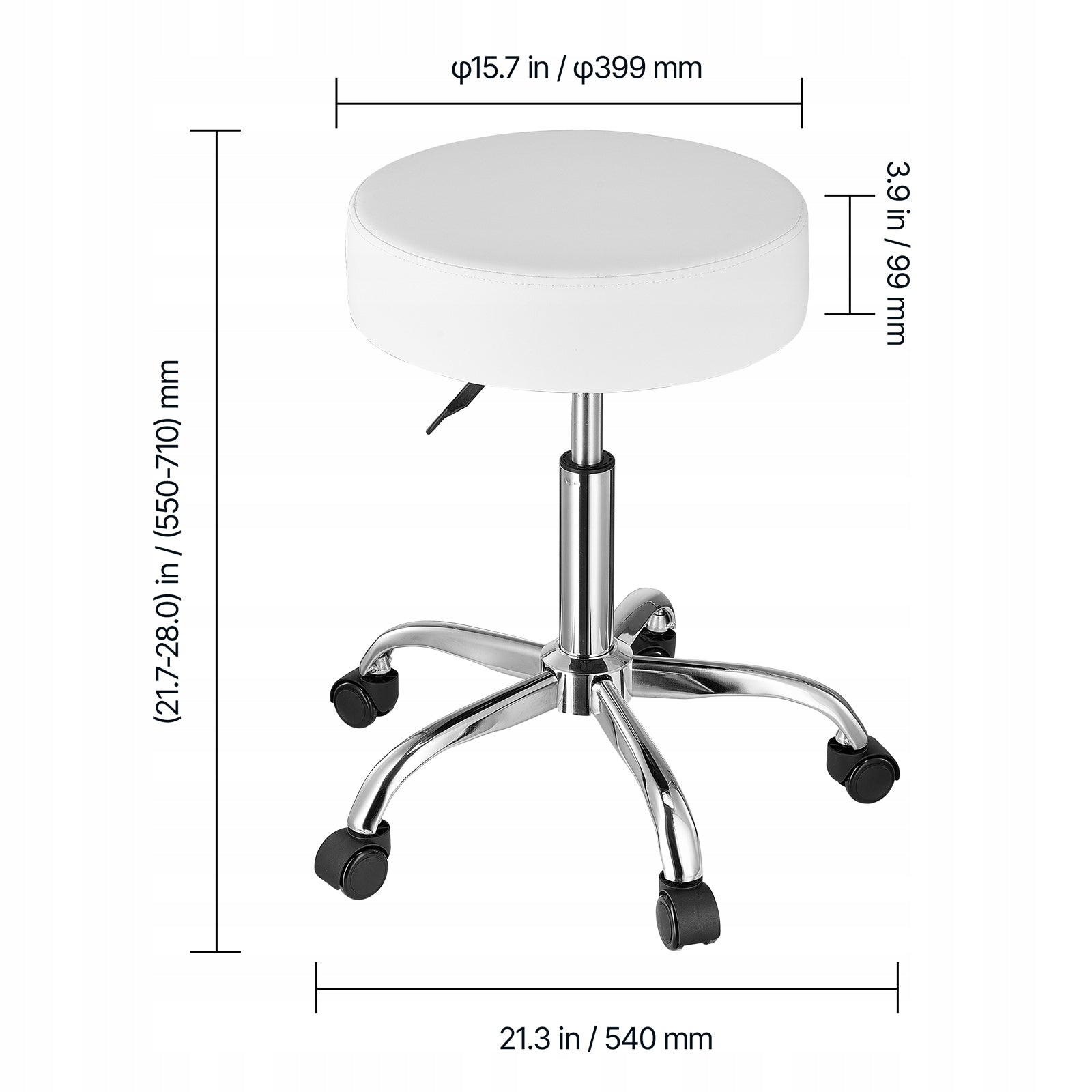 Round Rolling Stool Swivel Work Stool with Wheels Height Adjustable White Upholstery color white