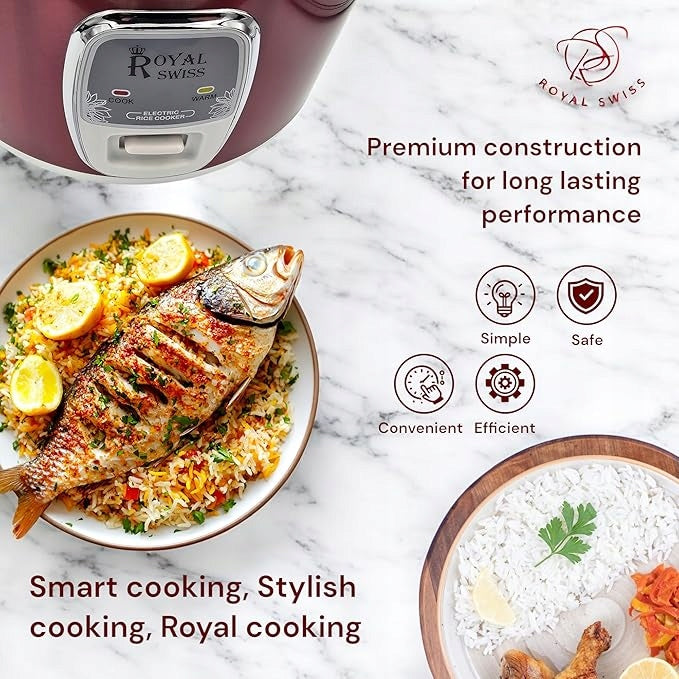 Royal Swiss Rice Cooker 2.8L – 1000W | Automatic Cooking Red 3 to 6 Packaging status original