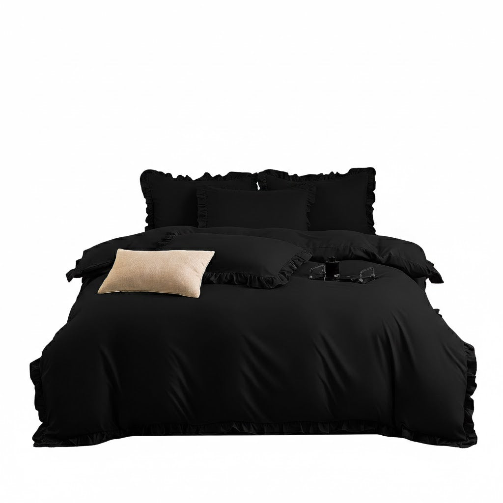 Ruffled Duvet Cover Set 200x220 Black Elegant Premium Bedroom Packaging status original
