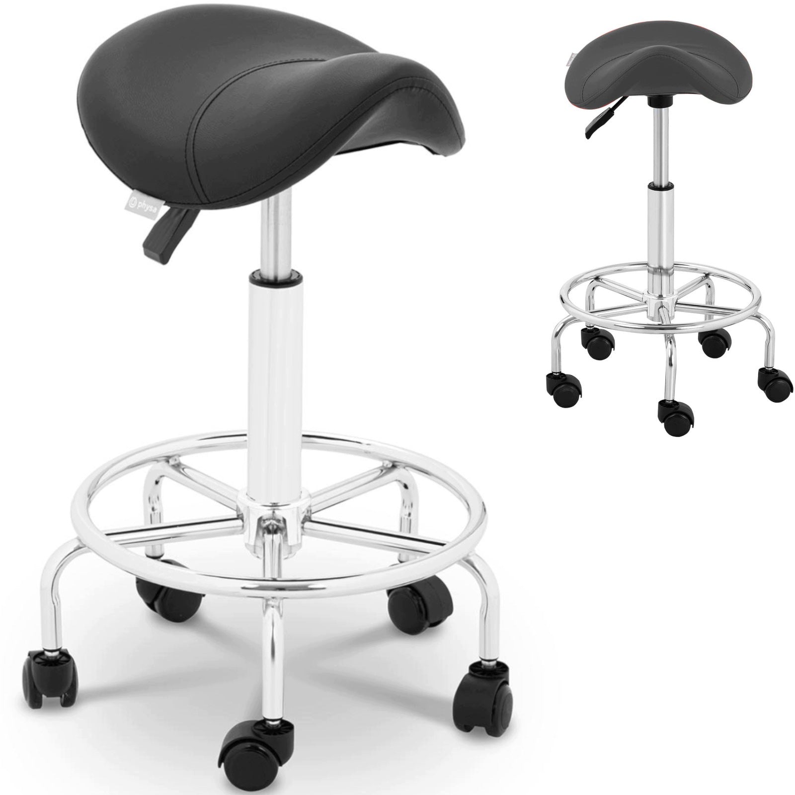 SADDLE BARBER STOOL WITH FOOTREST 150 KG CHAIR WITH WHEELS BLACK
