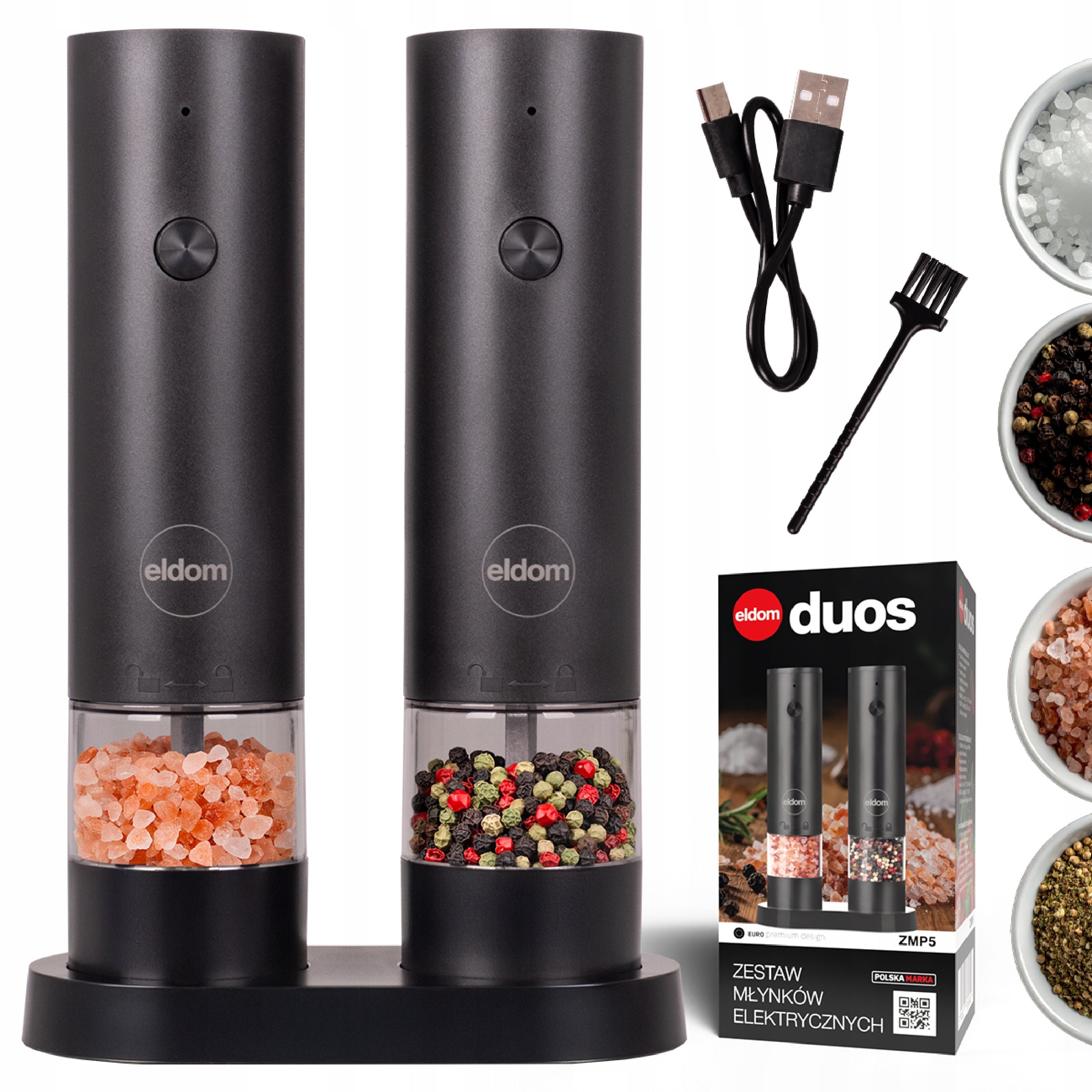 SALT AND PEPPER GRINDER RECHARGEABLE USB-C CERAMIC FILAMENT SET OF 2