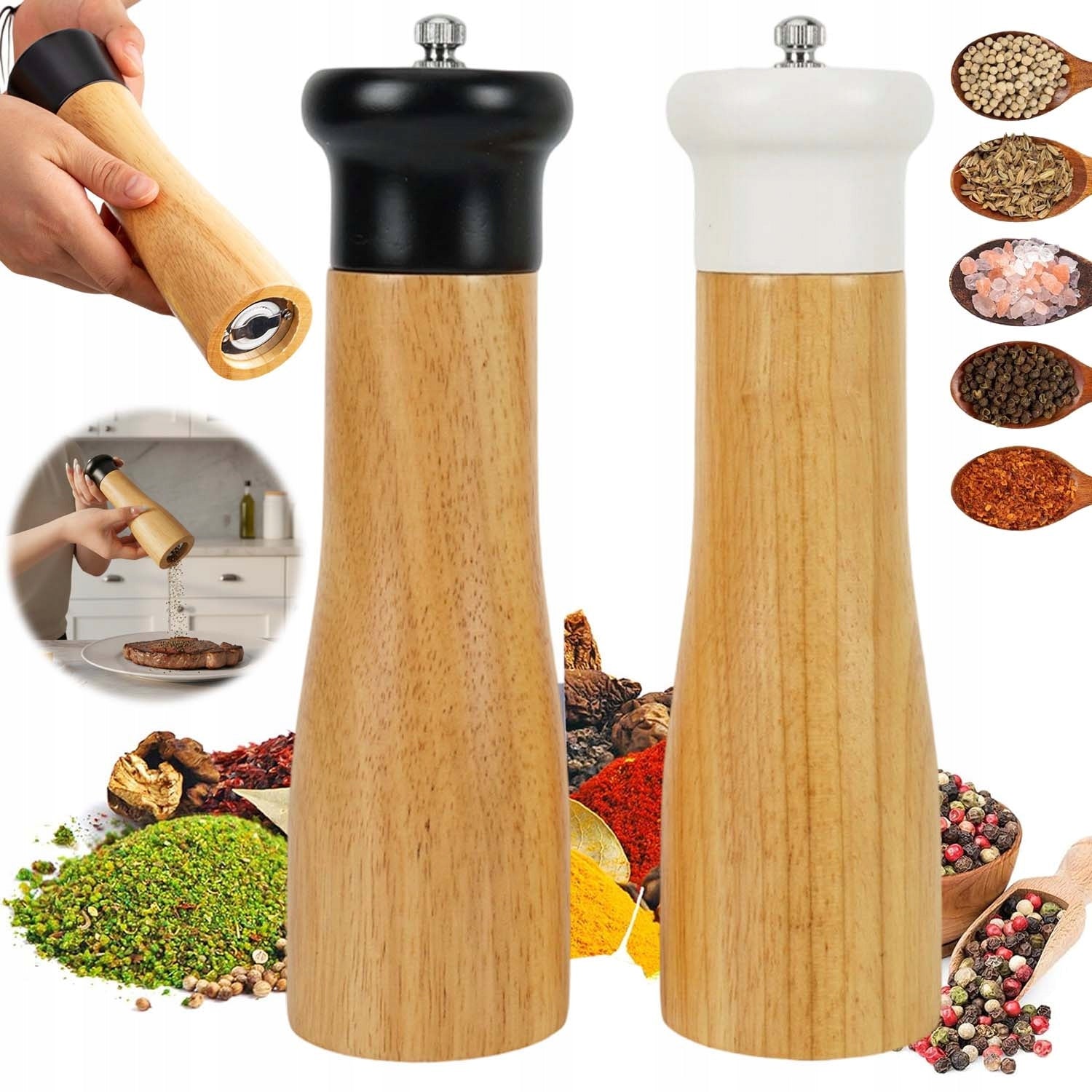 SALT AND PEPPER GRINDER WOODEN GRINDERS SPICE GRINDER HANDHELD 2 SET